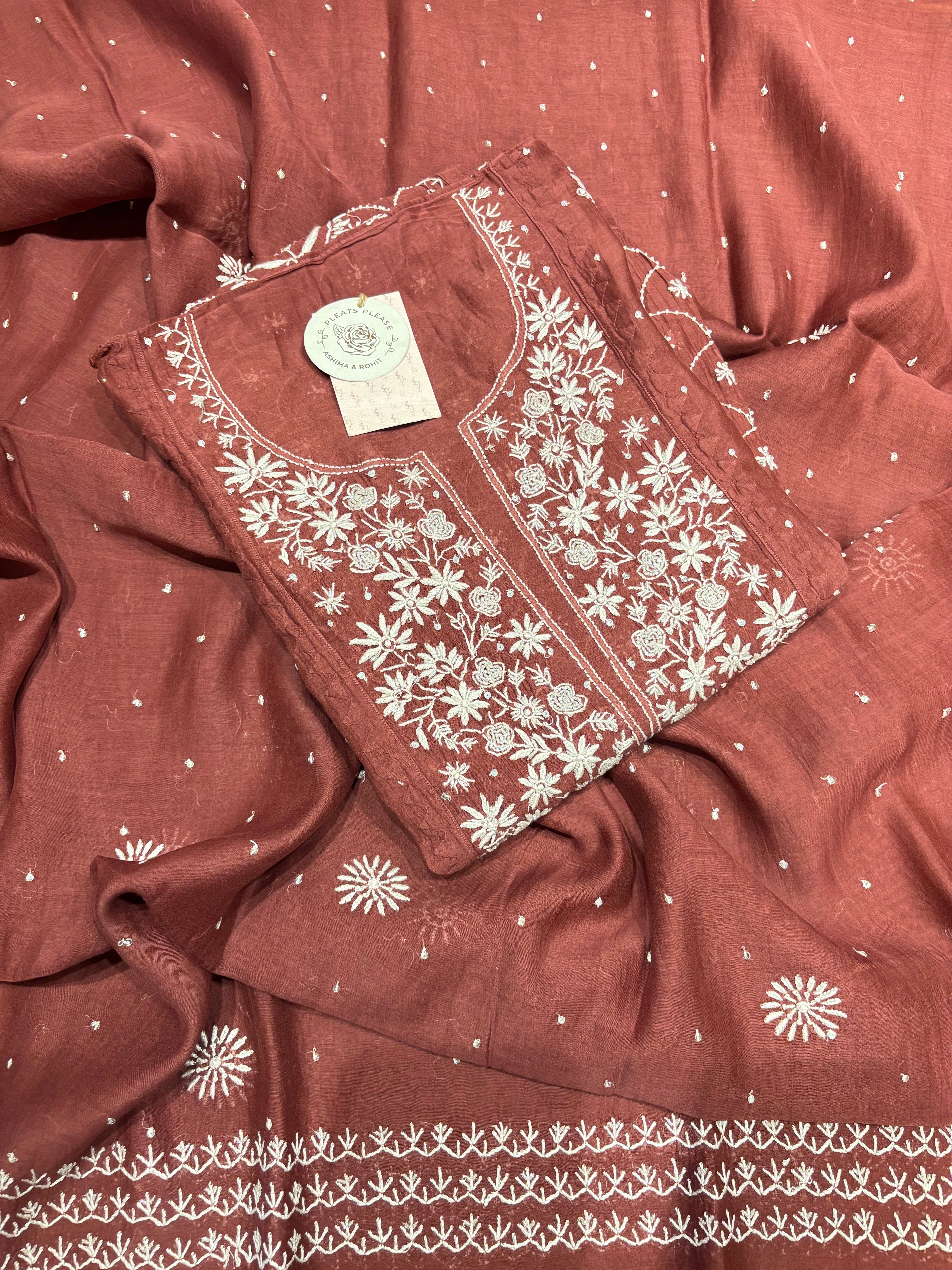 Red Cherrywood Chanderi mul Chikankari Kurta and Dupatta set