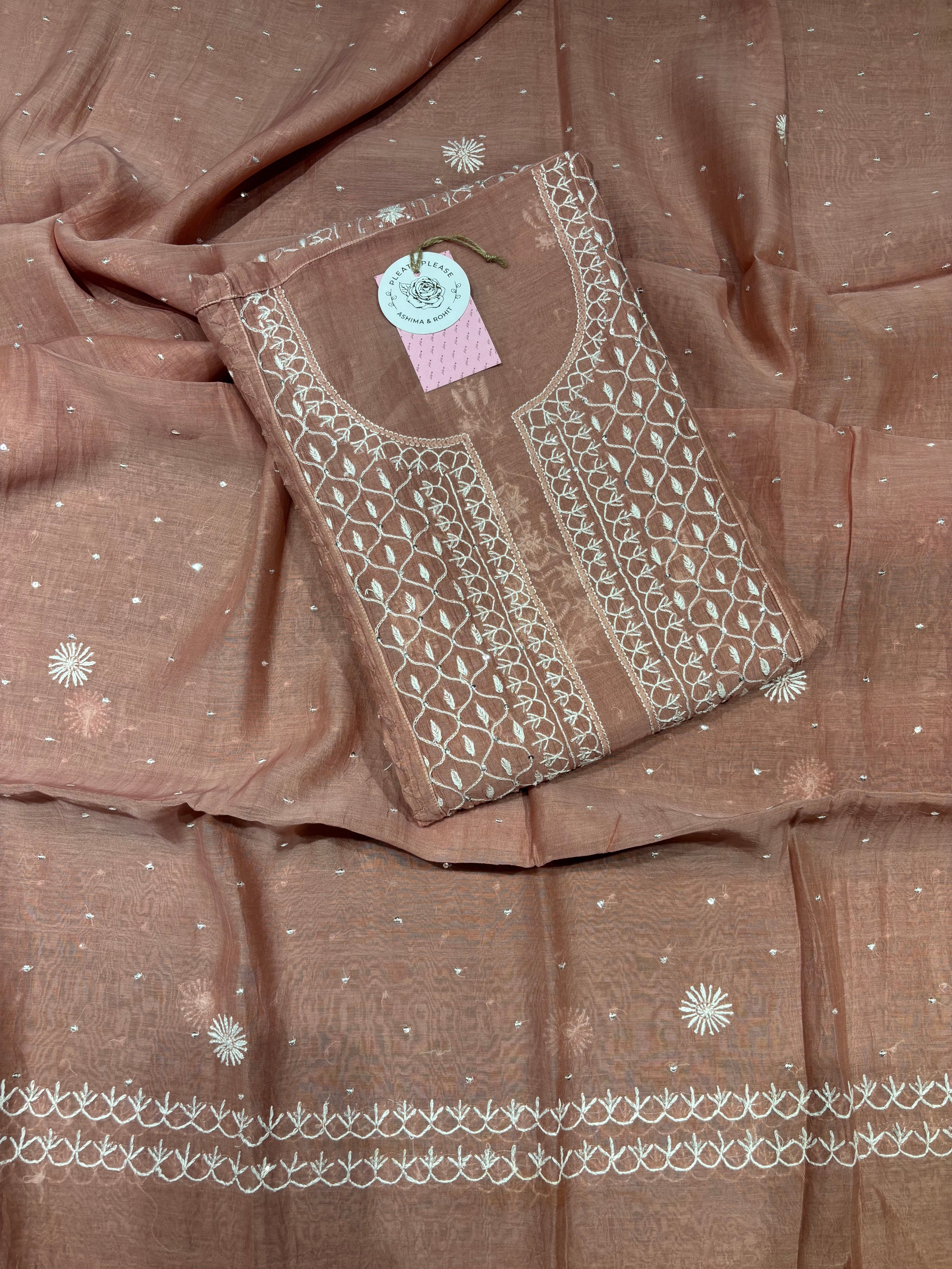 Rosegold Chanderi Mul Chikankari Kurta & Dupatta Set