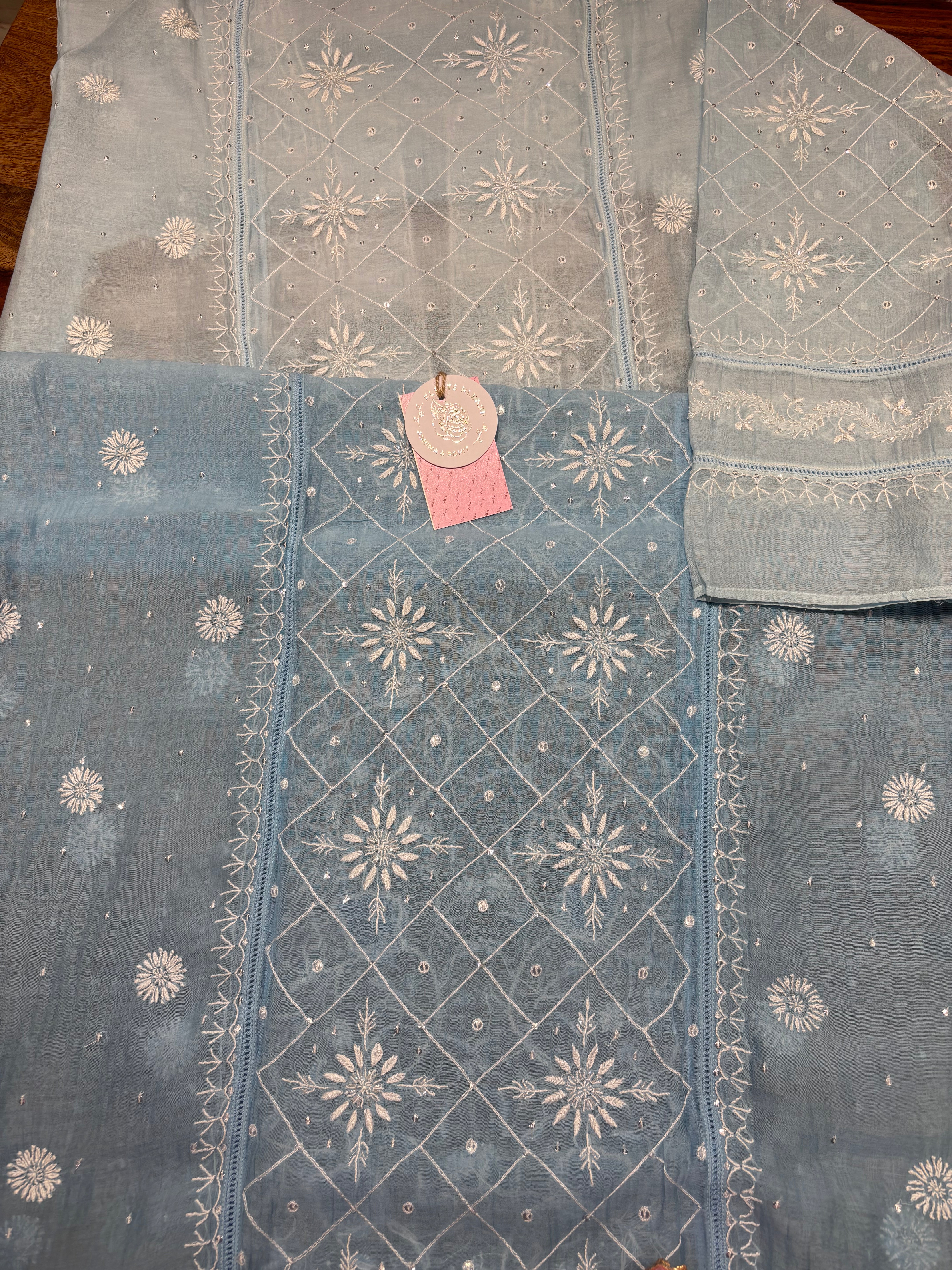 Powder Blue Ombre Chanderi Mul Chikankari Kurta & Dupatta aset