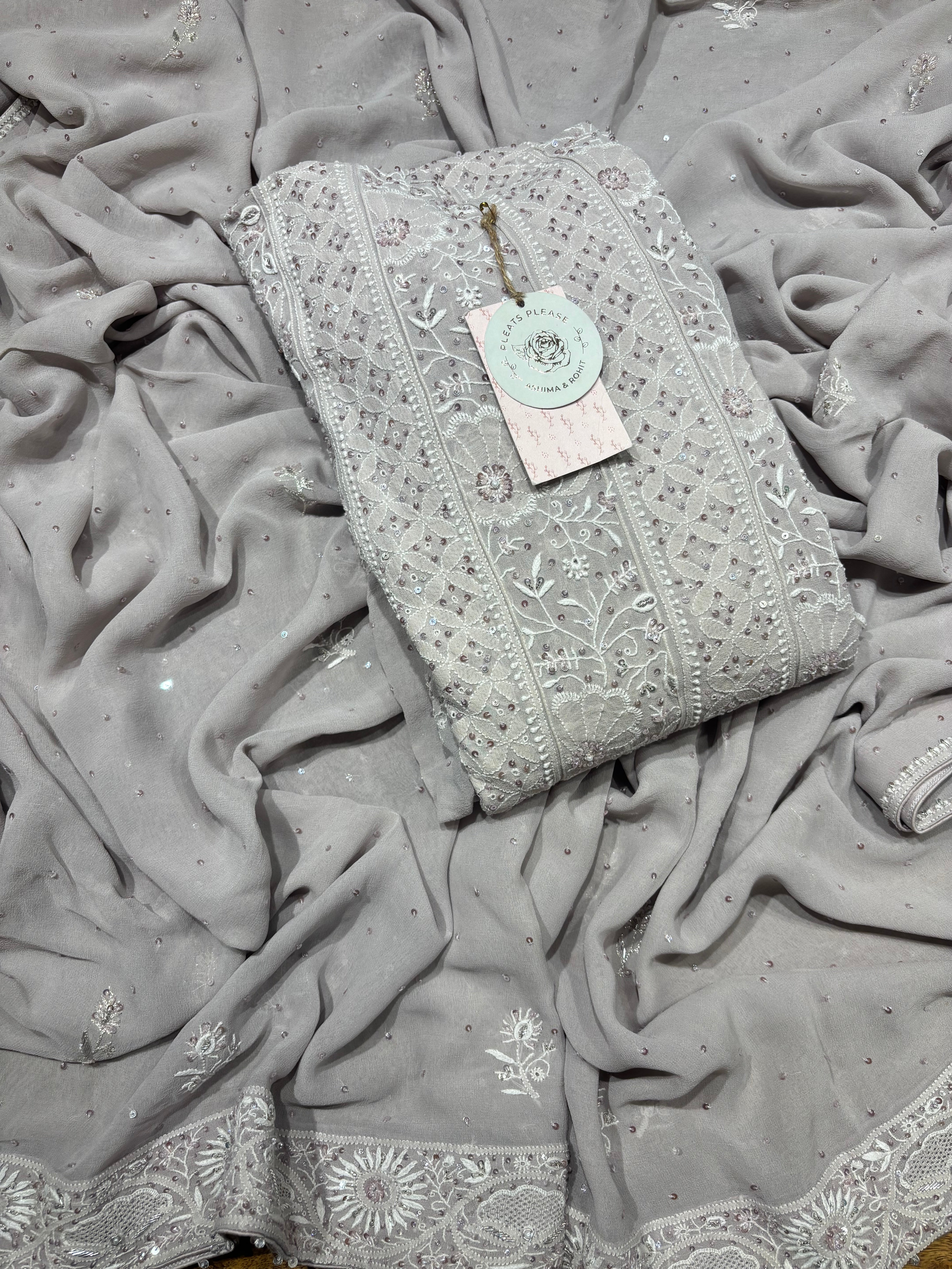 Lavender Latte Pure Georgette Chikankari Anarkali and Dupatta set