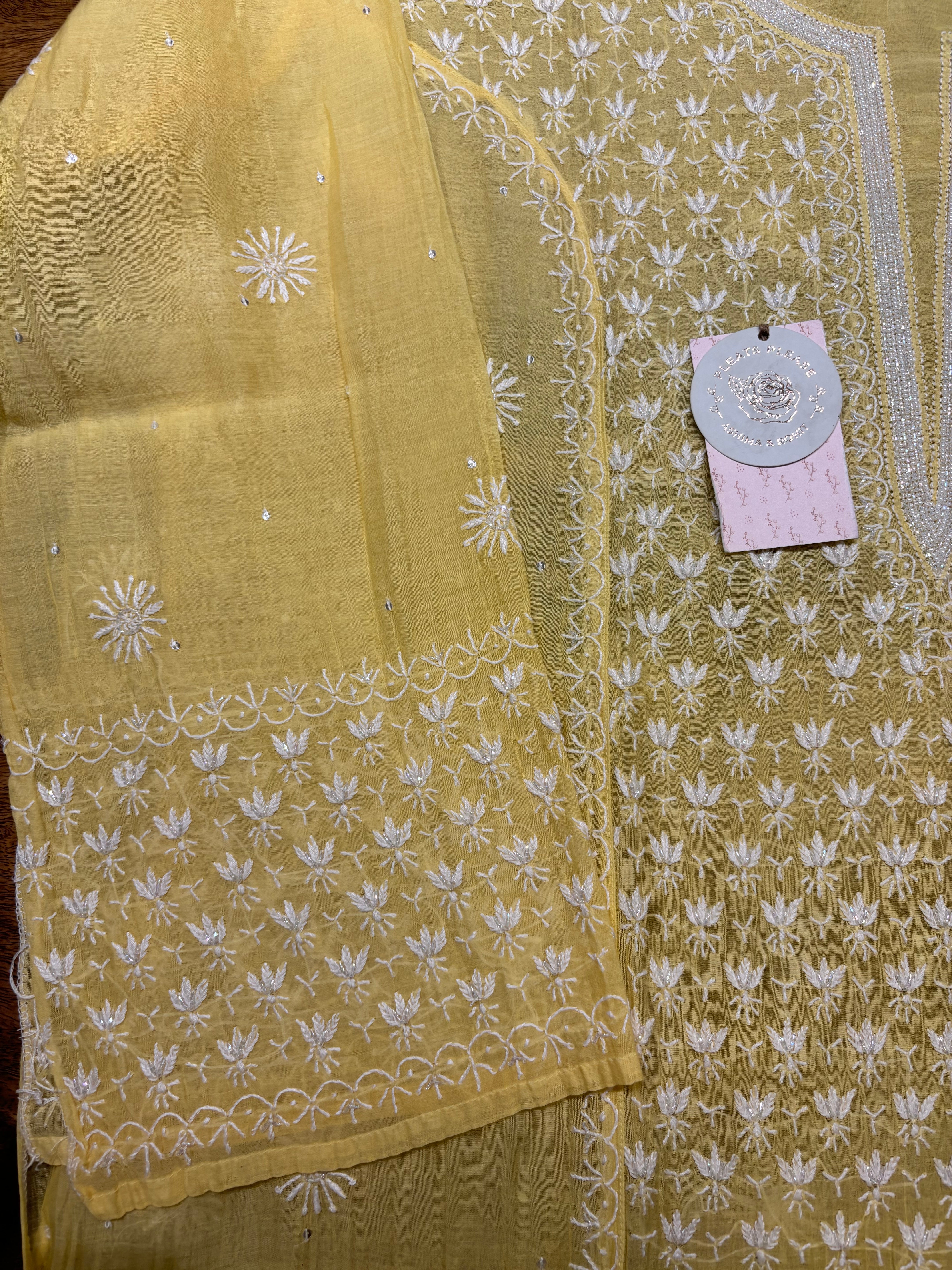 Yellow Chanderi Mul Chikankari Kurta and Dupatta Set