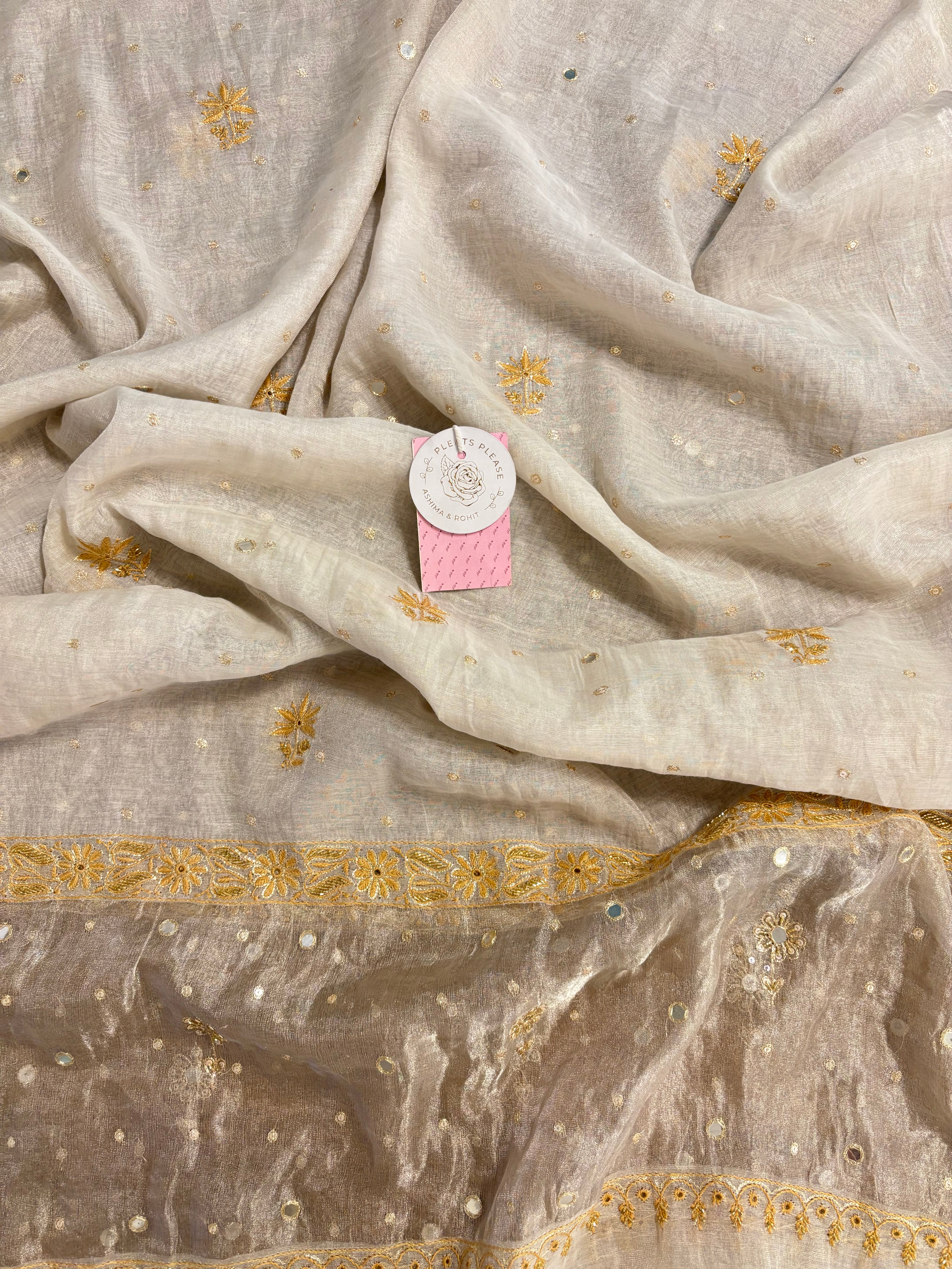 Dyeable Silver Tissue Mirror Neckline Chikankari Kurta & Dupatta - Pleats PleaseChikankari