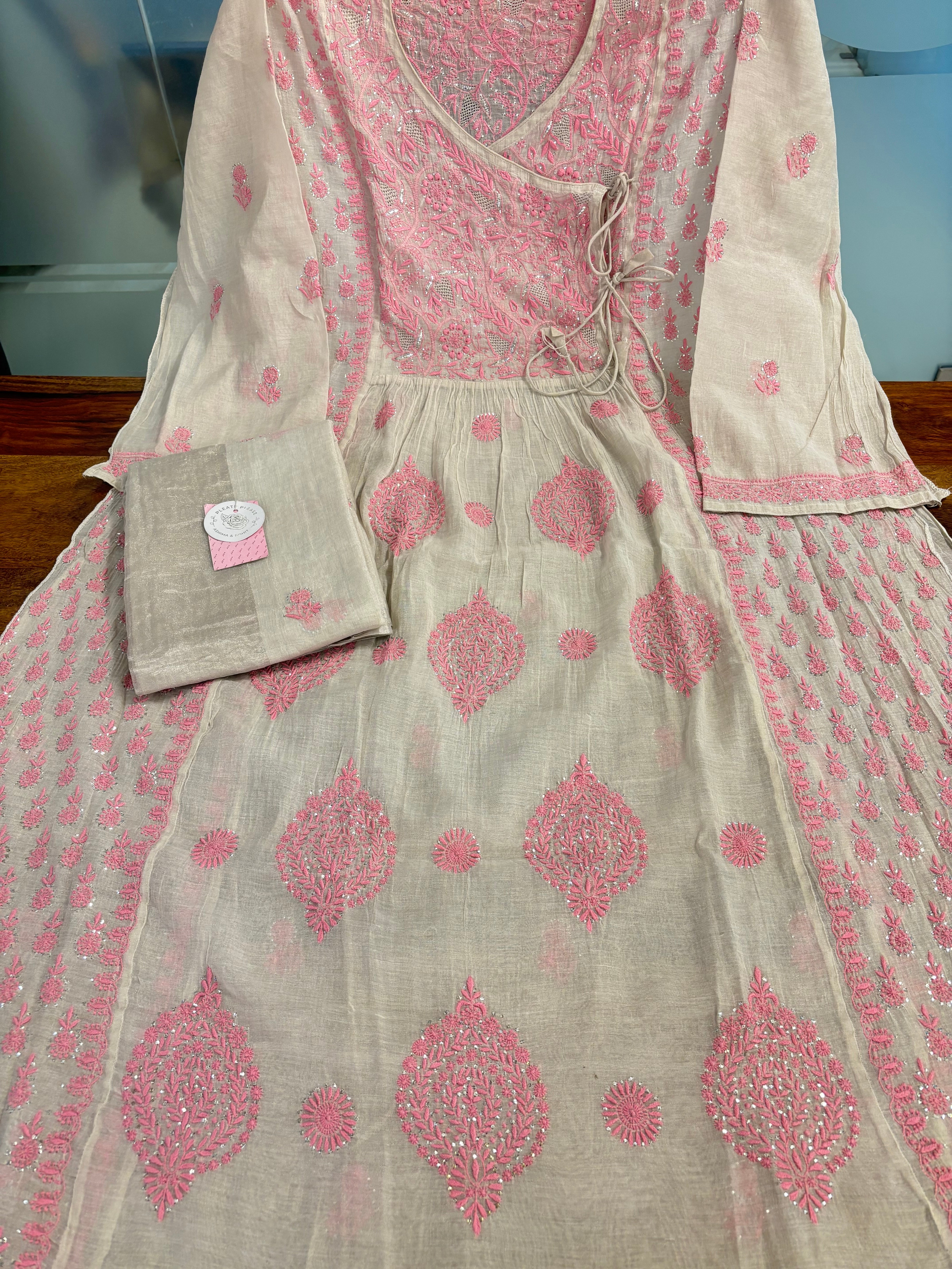 Dyeable Pure & Premium Silver Tissue Mukaish Chikankari Angrakha Kurta & Dupatta Set - Pleats PleaseChikankari