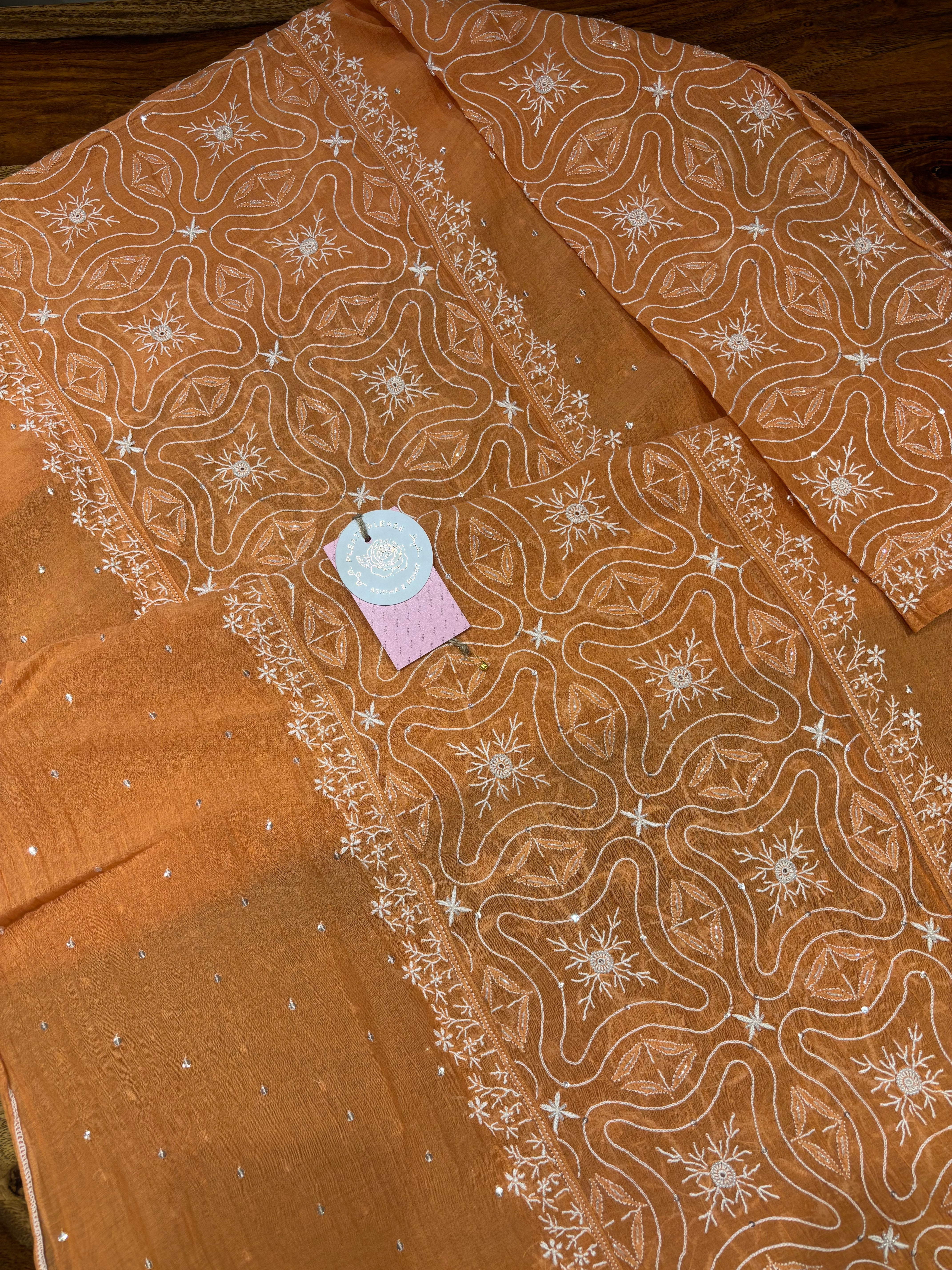 Orange Chanderi Mul Chikankari Kurta & Dupatta Set