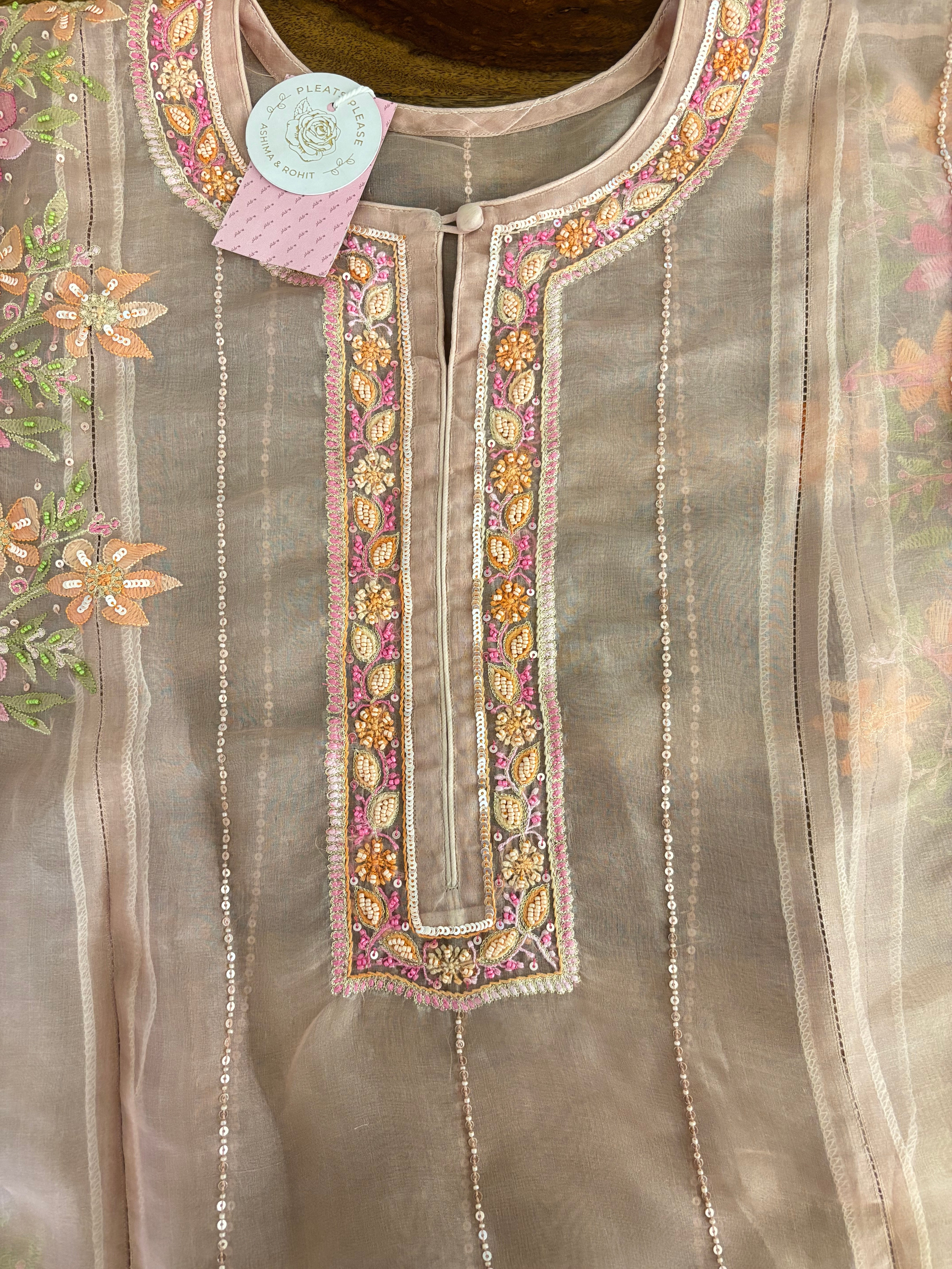 Peach Organza Chikankari Kurta & Dupatta