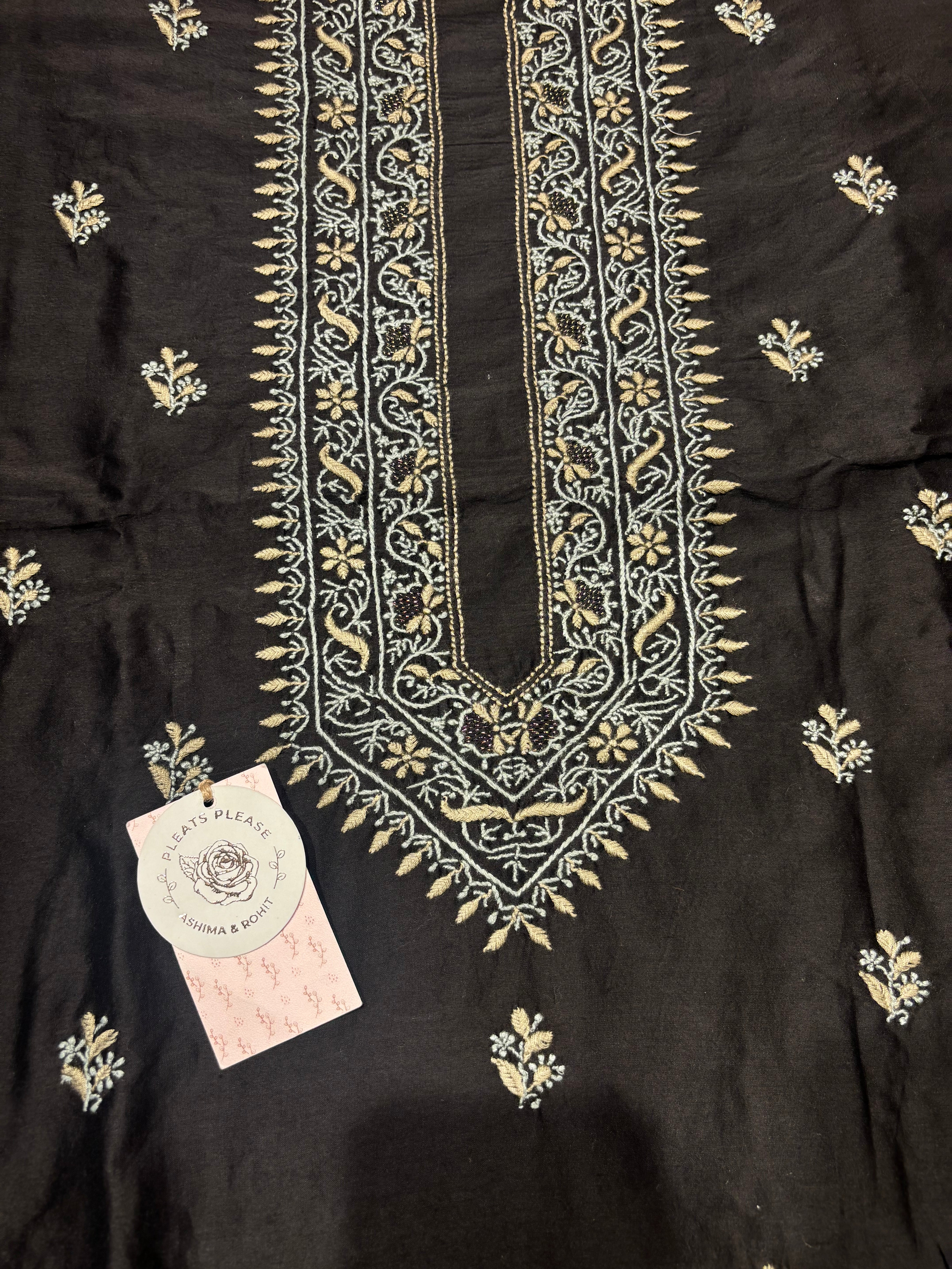 Black Chanderi Silk Chikankari Men’s Kurta Fabric