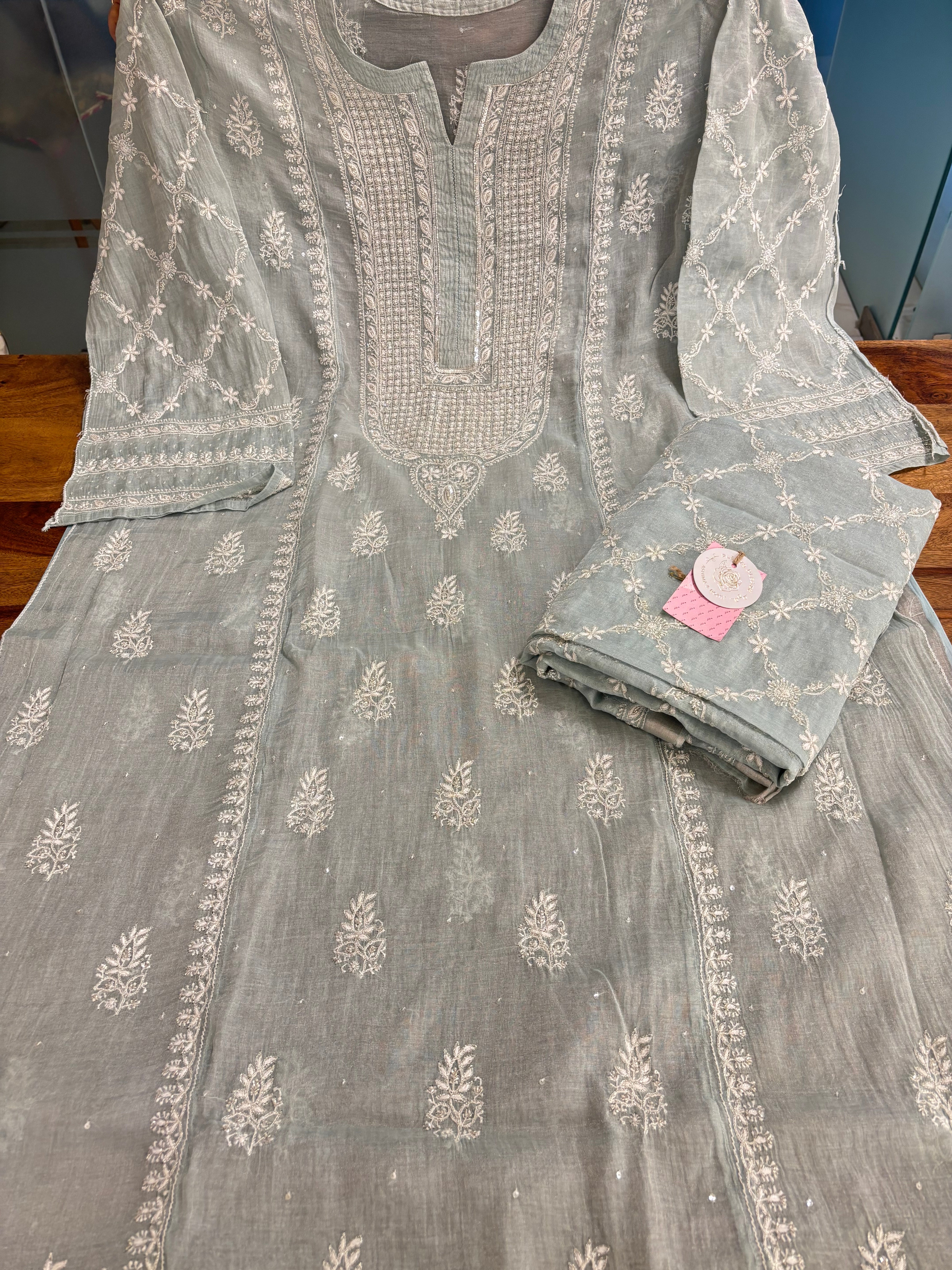 Pastel Sage Green Pure & Premium Tissue Chikankari Kurta & Dupatta