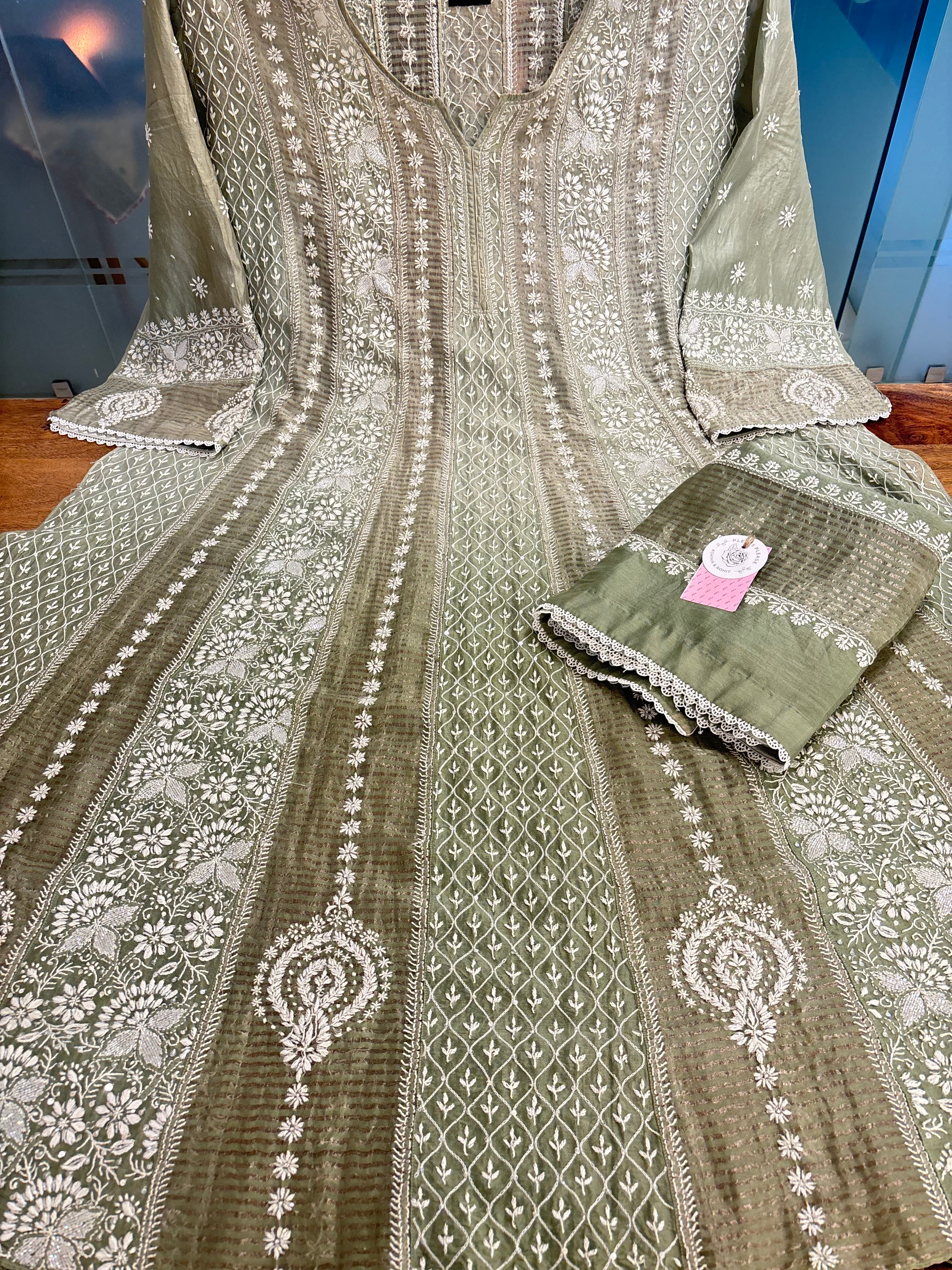 Olive Green Ombré Chanderi Chikankari Anarkali & Dupatta Set