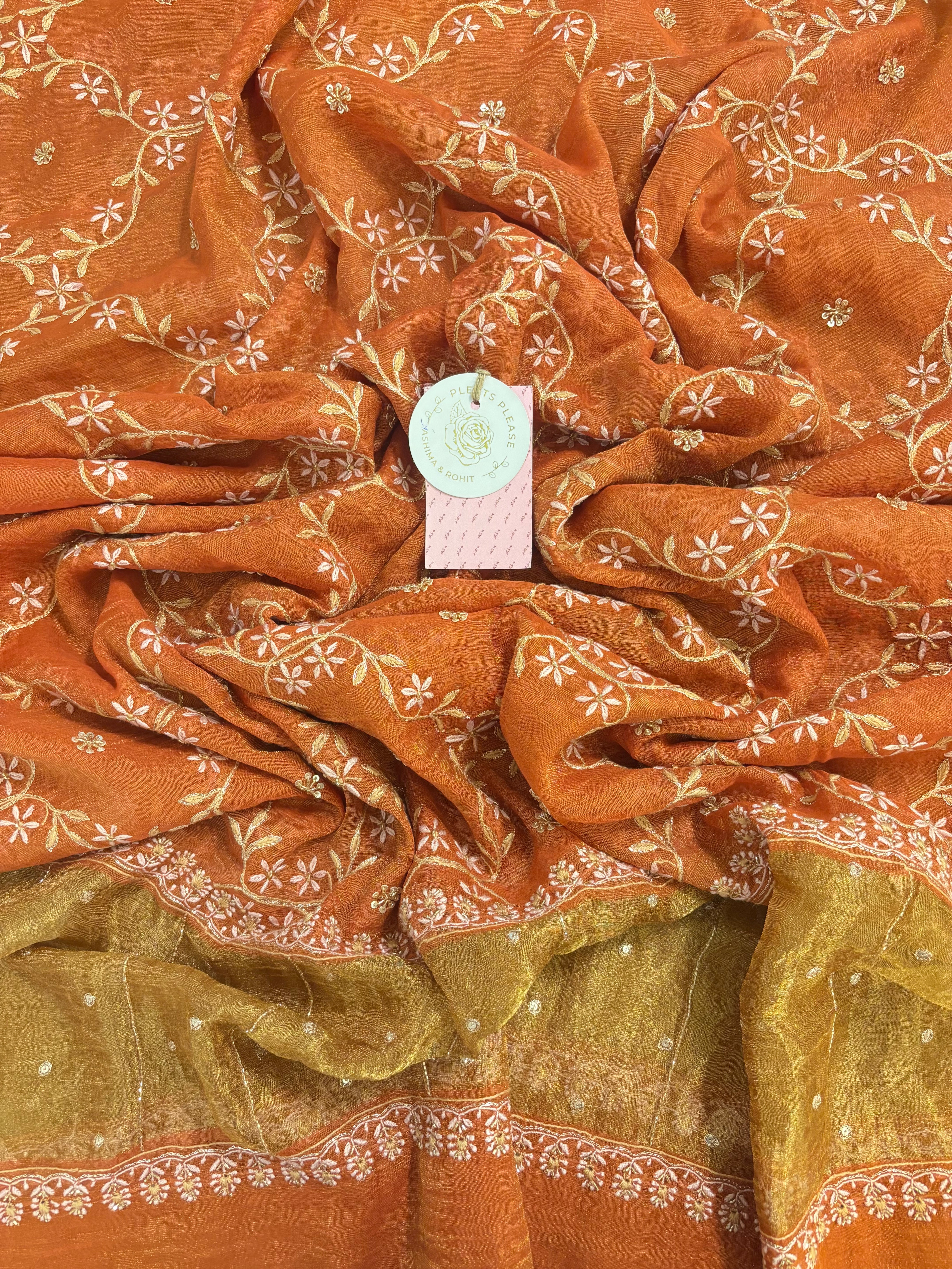 Burnt Orange Pure & Premium Tissue Chikankari A-Line Kurta & Dupatta