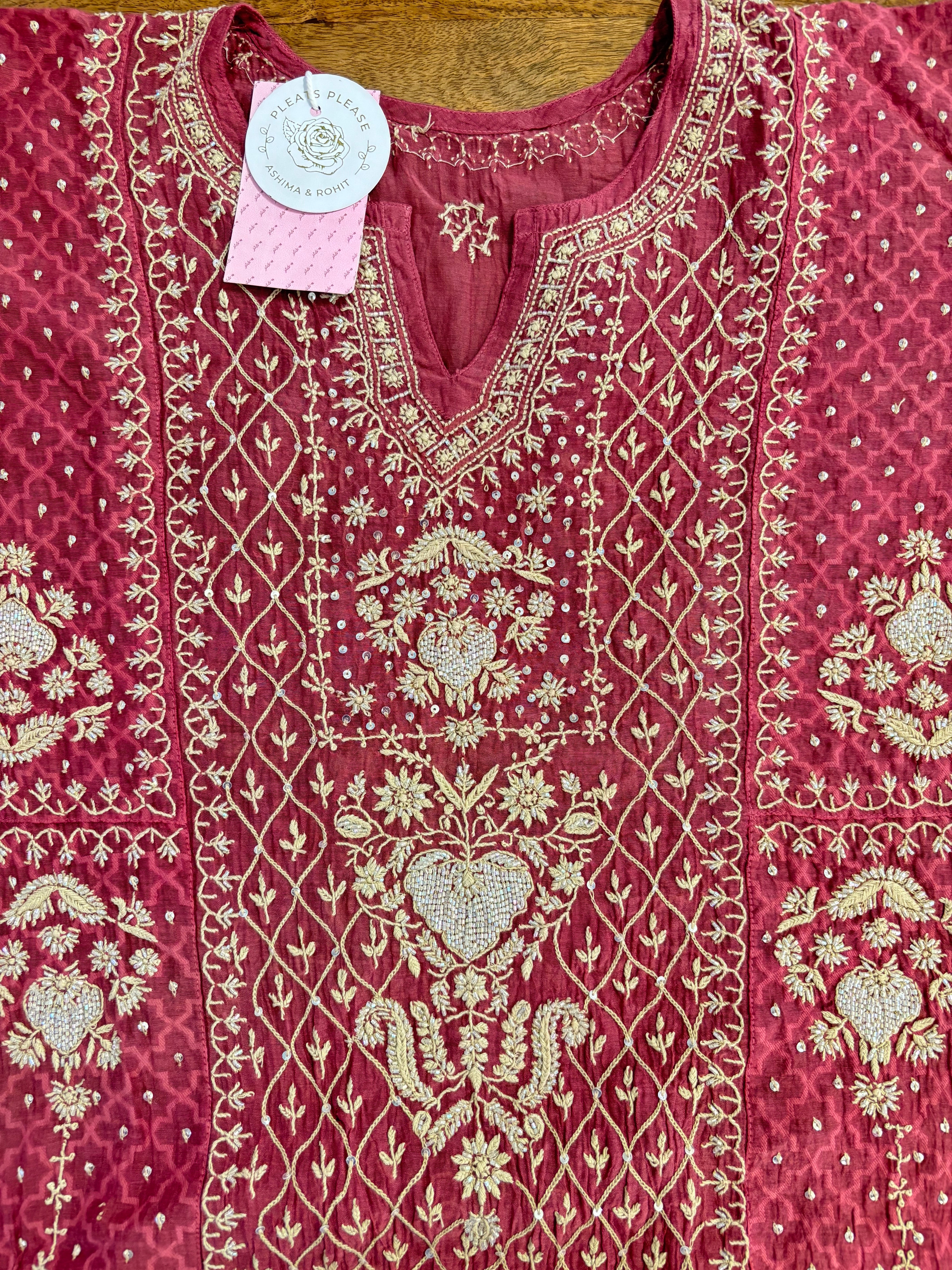 Maroon Chanderi Mul Chikankari Anarkali & Dupatta Set