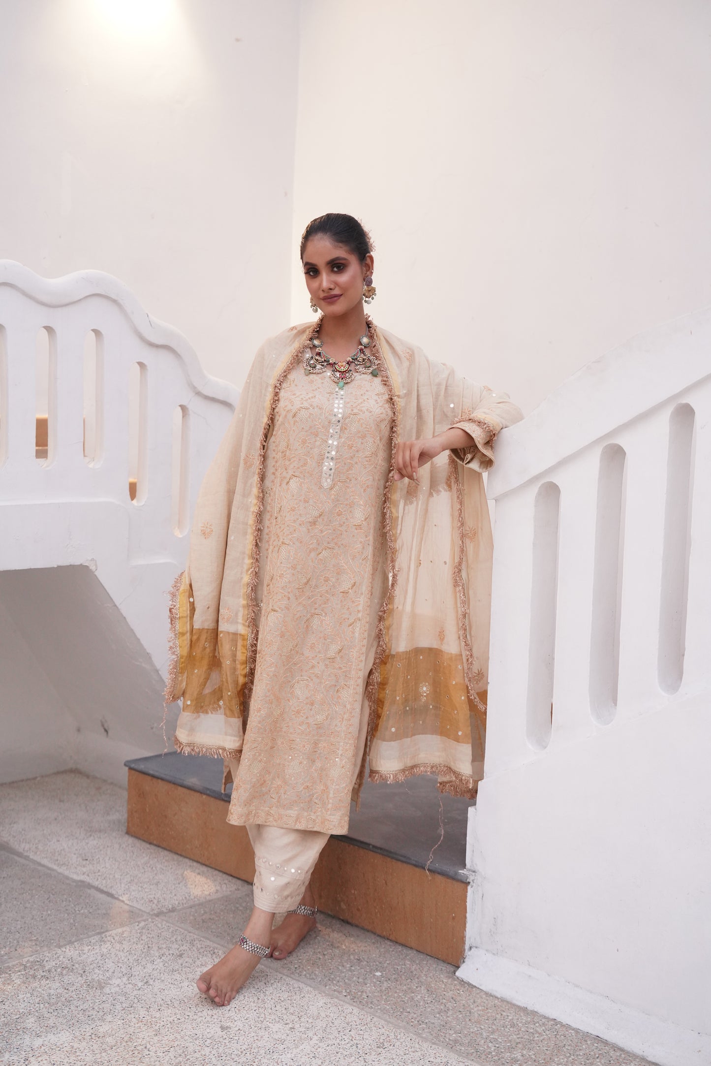 Gold Tissue Chikankari Straight Kurta & Dupatta