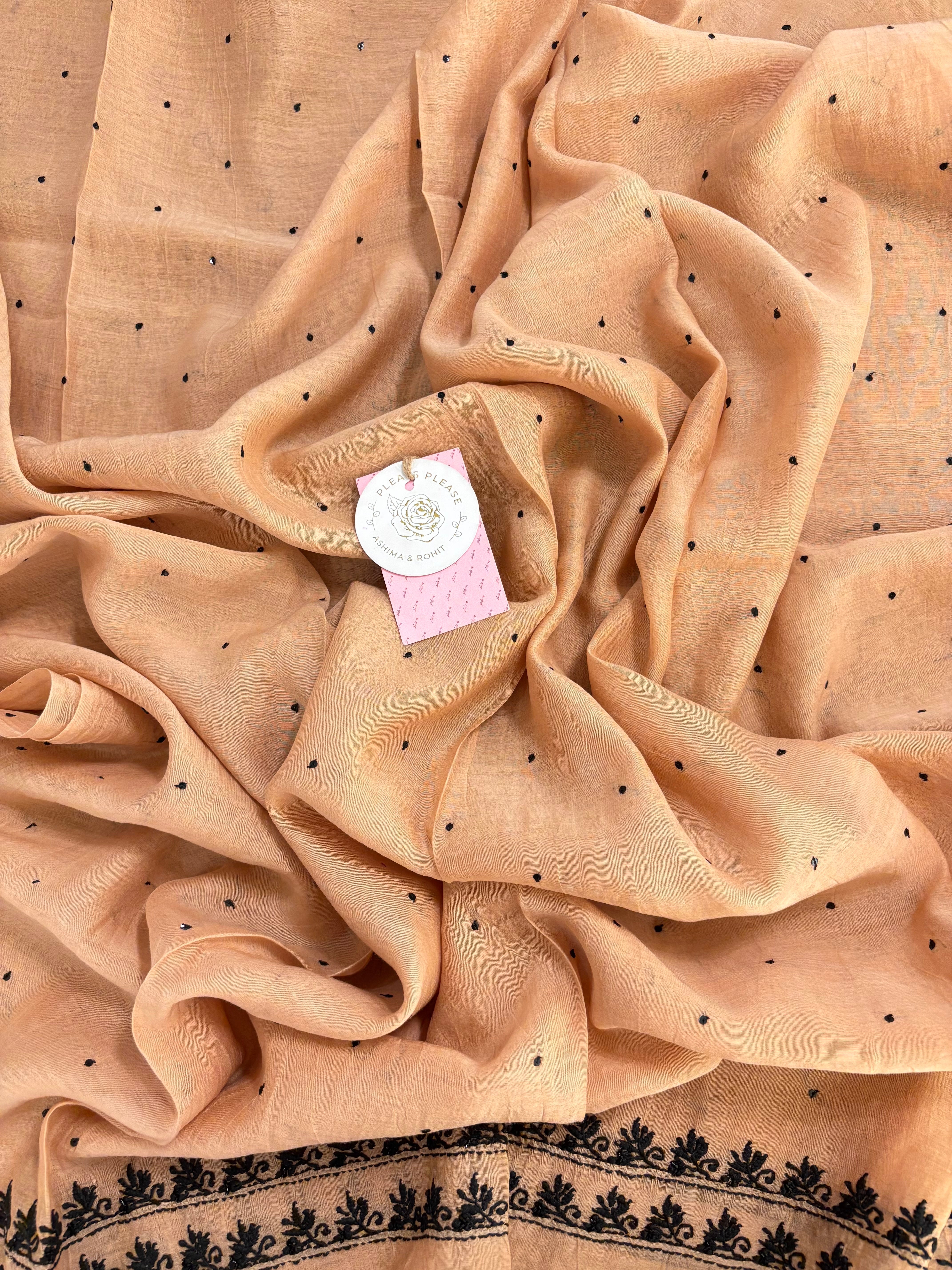 Apricot Peach Chanderi Mul Chikankari A-Line Kurta & Dupatta