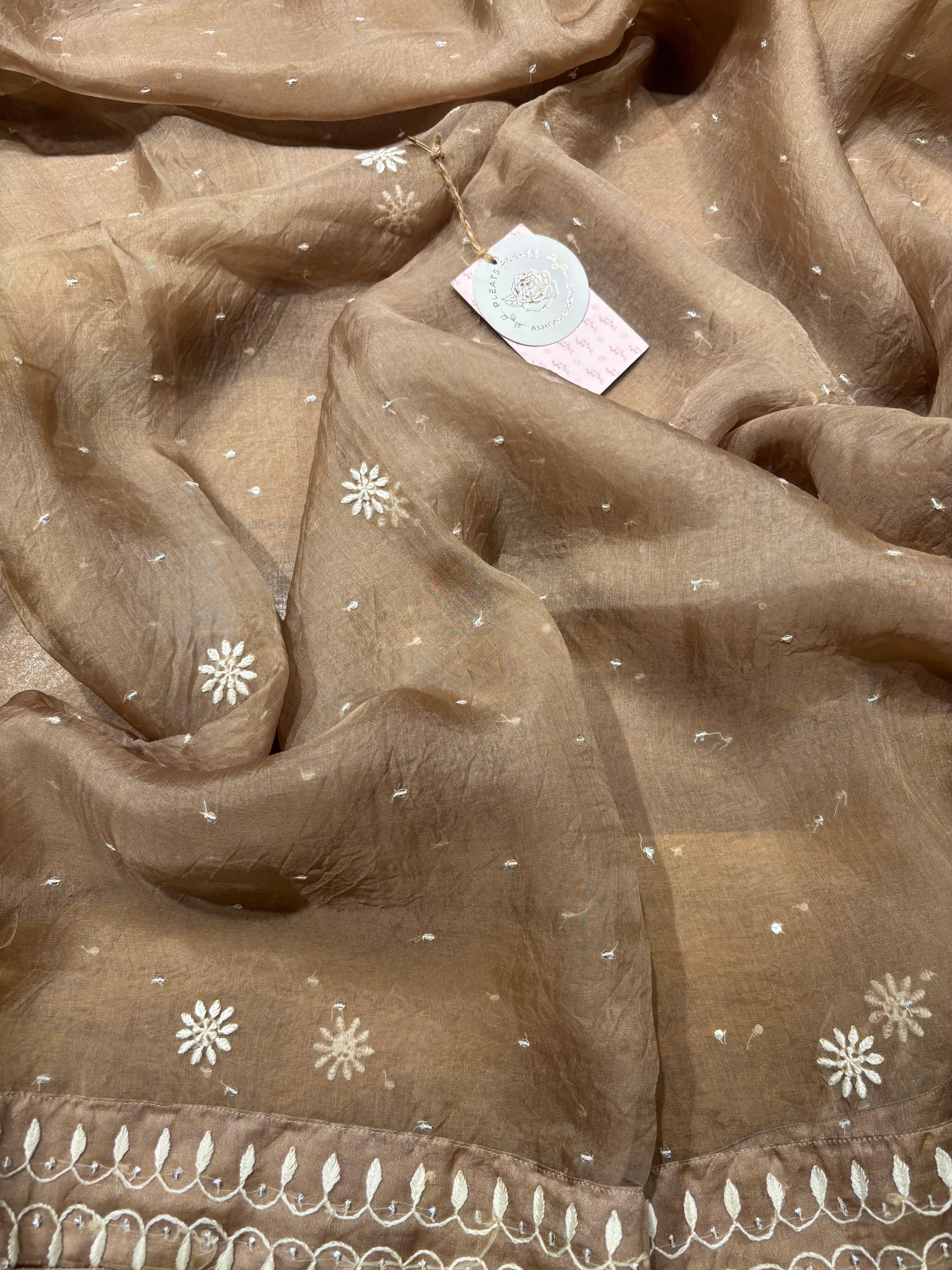 Brown Pure And Premium Organza Silk Chikankari Kurta And Dupatta Set