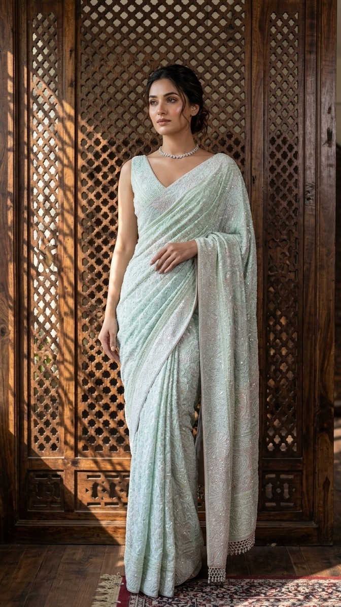 Aqua Blue Pure & Premium Georgette Chikankari Saree