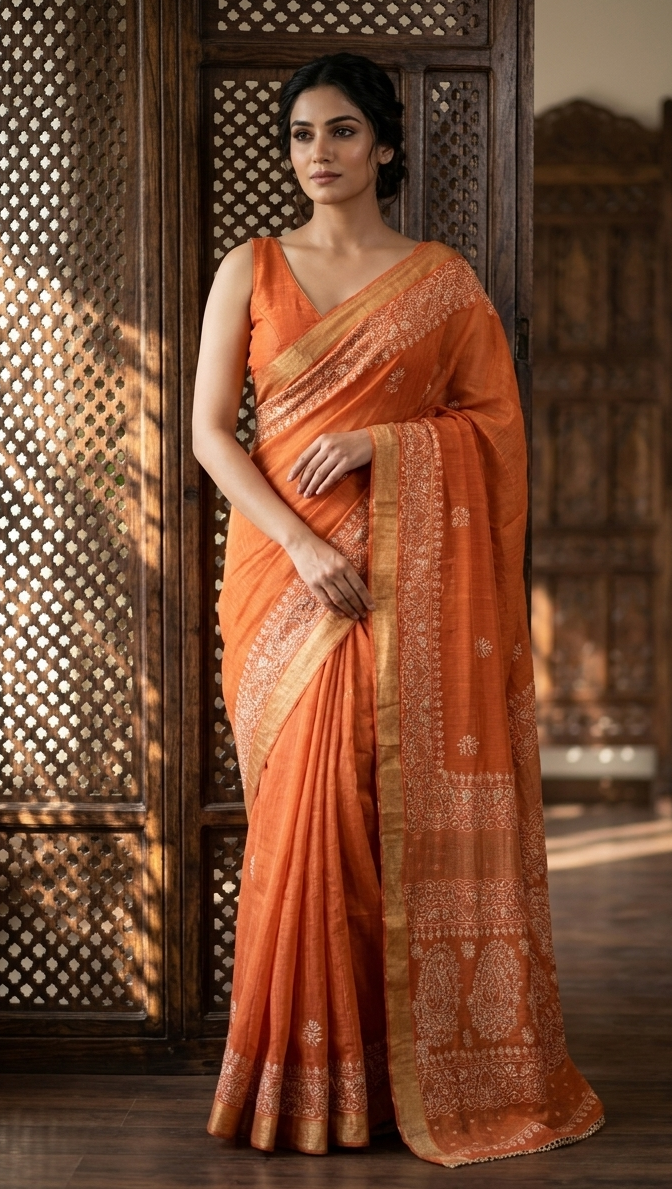 Burnt Orange Tissue Mukaish Chikankari Saree