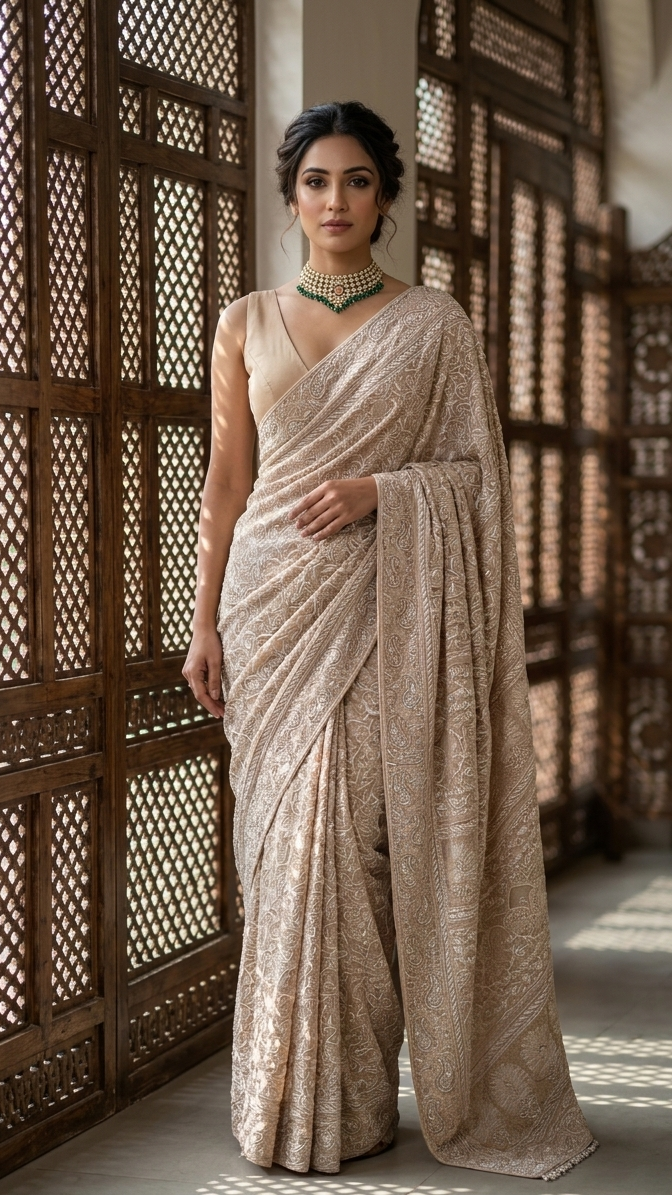 Dusky Beige Pure & Premium Georgette Chikankari Saree