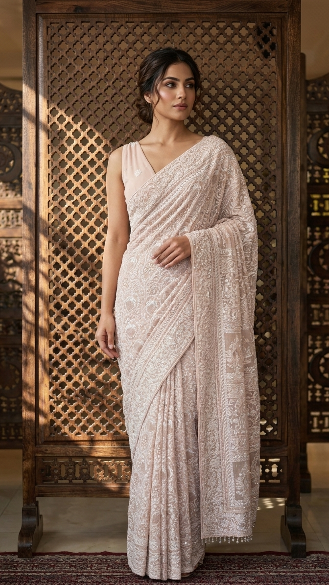 Peach Pure & Premium Georgette Chikankari saree