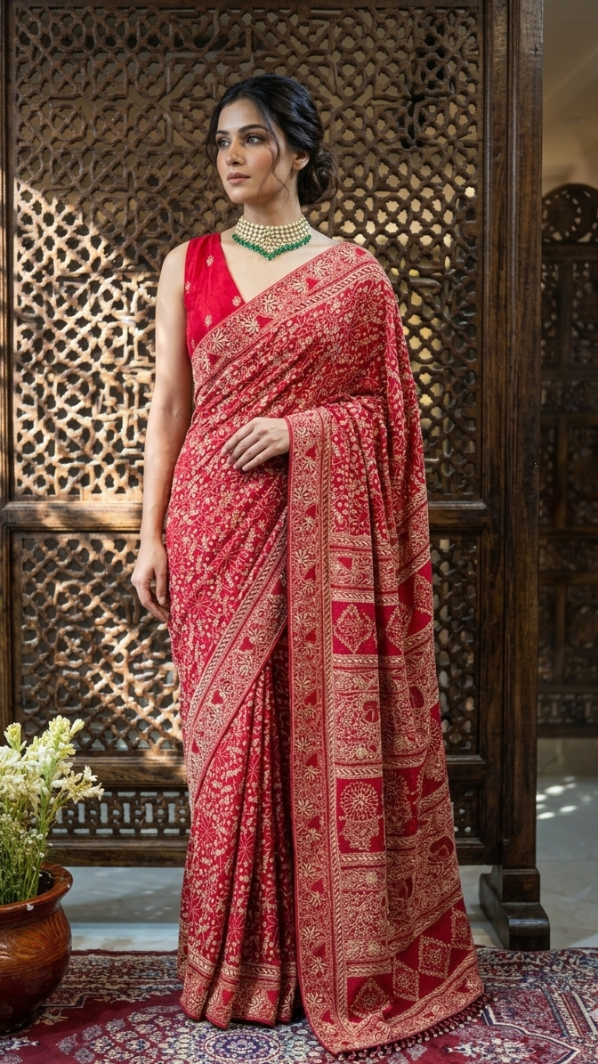 Red Pure & Premium Georgette Chikankari Saree
