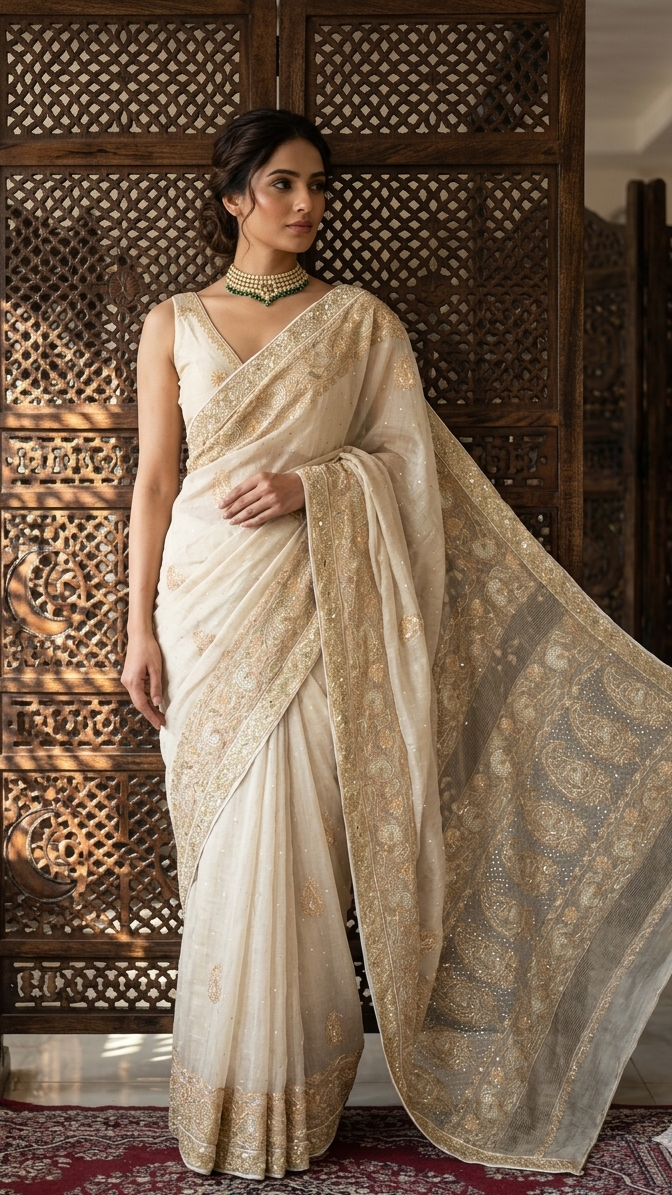Dyeable Gold Tissue Chikankari Saree