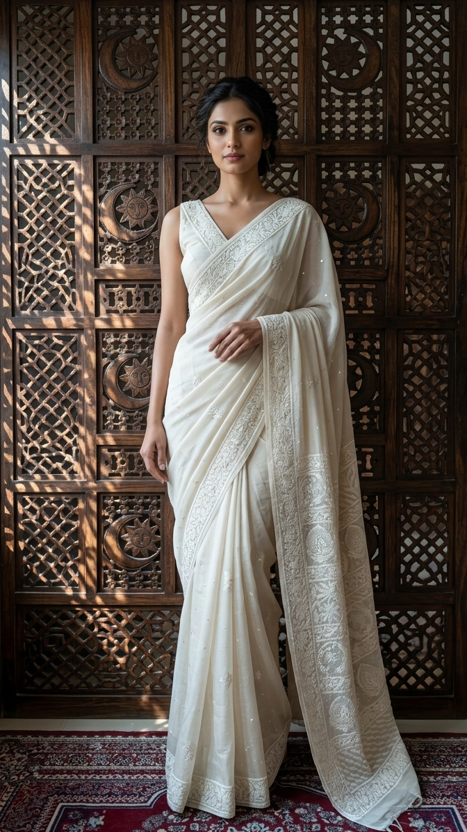 Dyeable Pure & Premium White Tussar Silk Chikankari Saree & Blouse