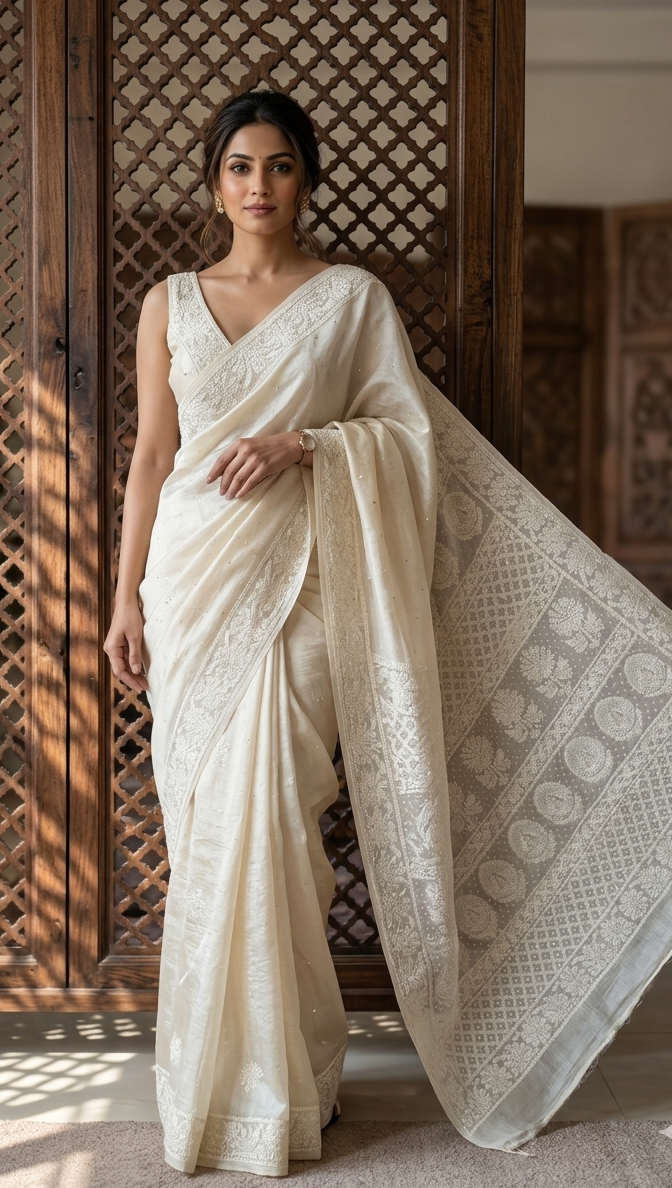 Dyeable Pure & Premium White Tussar Silk Chikankari Saree & Blouse