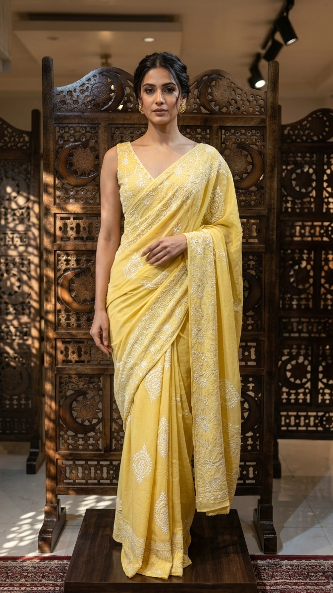 Yellow Pure & Premium Georgette Chikankari Saree & Blouse