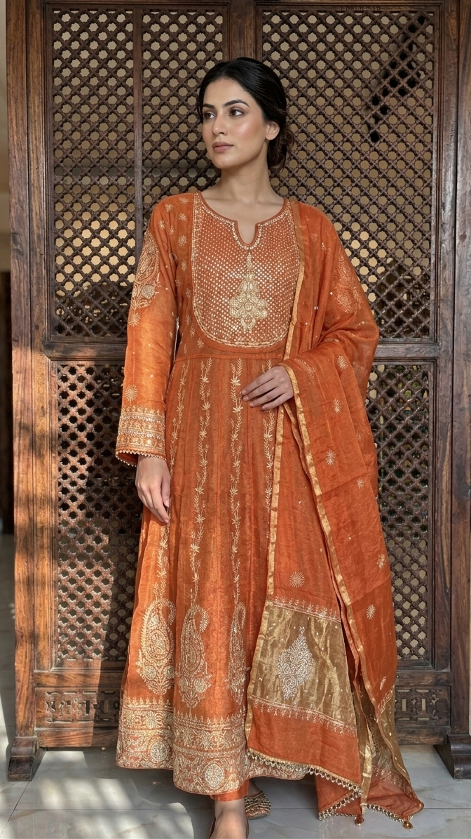 Burnt Orange Pure Tissue Bajirao Anarkali & Dupatta