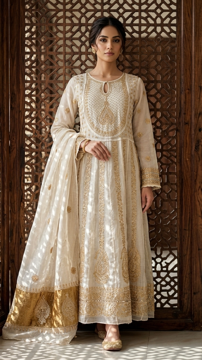 Dyeable Pure Tissue Baji Chikankari Anarkali & Dupatta