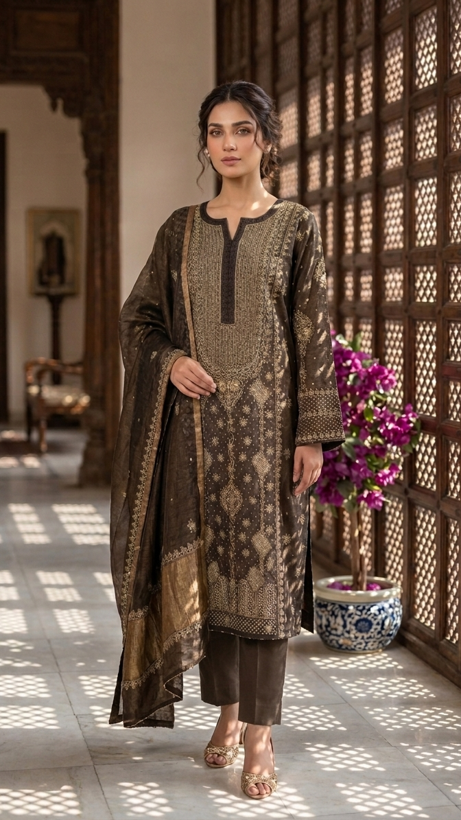 Coca Cola Brown Tissue Chikankari Kurta & Dupatta