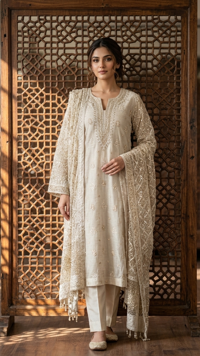 Dyeable Pure & Premium Silver Tissue Chikankari Kurta & Dupatta Set