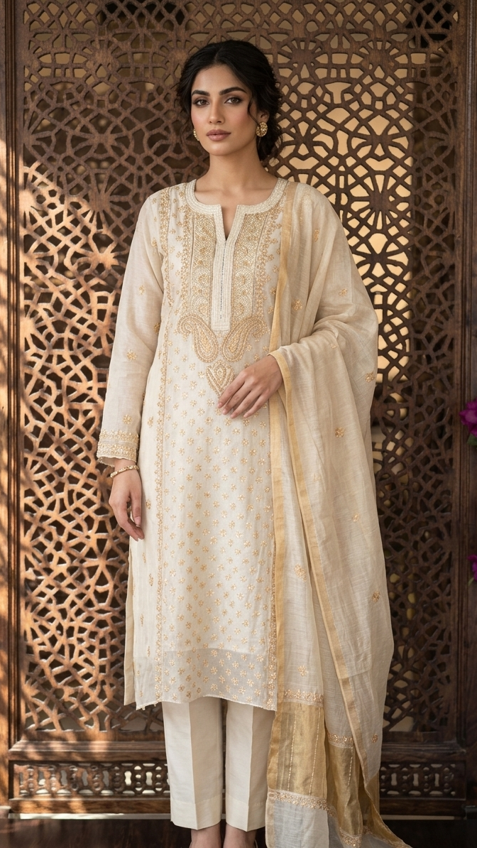 Dyeable Pure Tissue Chikankari Kurta & Dupatta