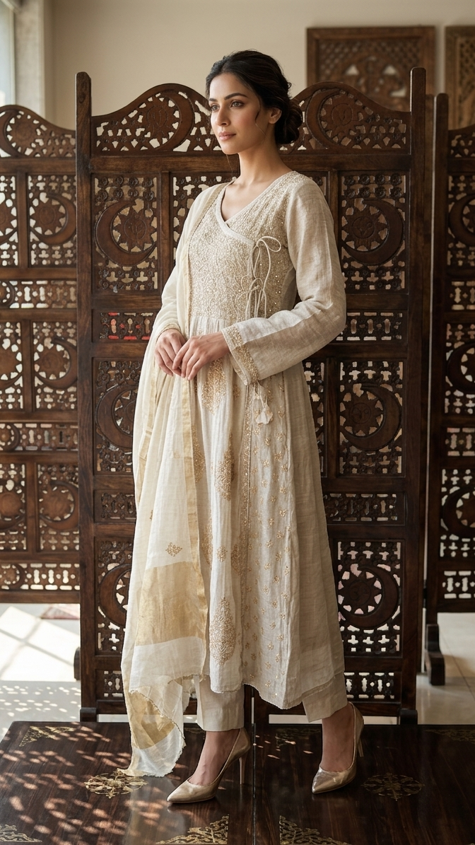 Dyeable Pure & Premium Tissue Mukaish Chikankari Angrakha Kurta & Dupatta