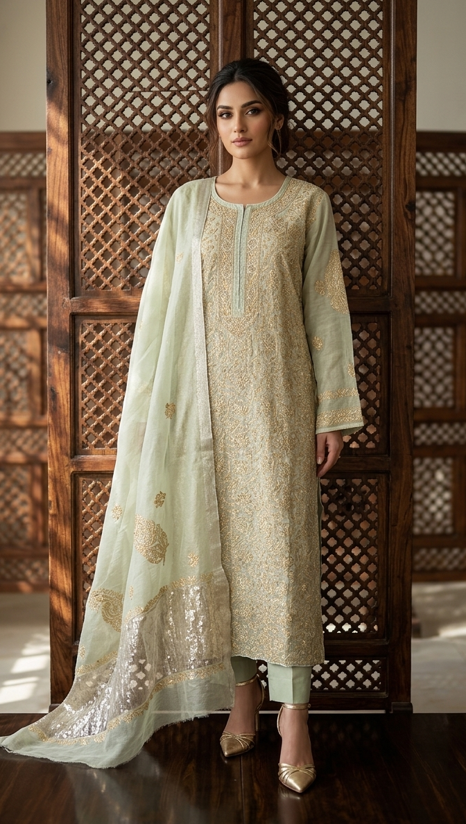 Pistachio Green Pure Tissue Chikankari Kurta & Dupatta