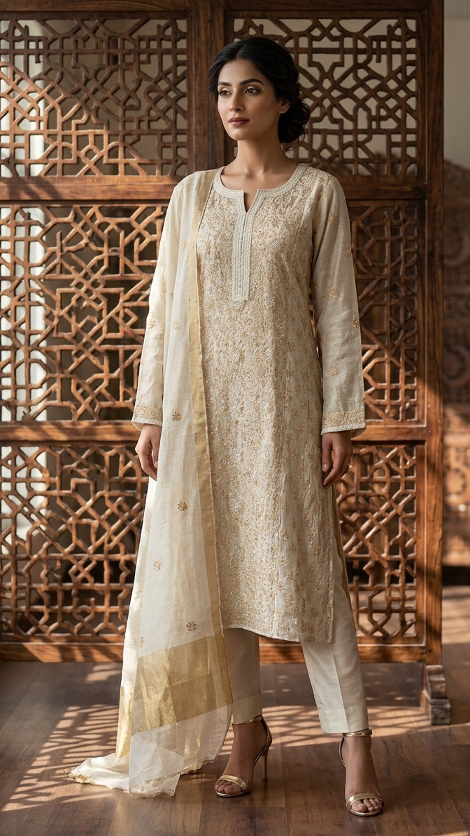 Dyeable Pure & Premium Tissue Chikankari Kurta & Dupatta