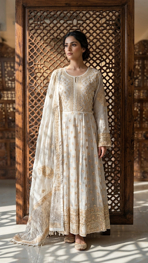 Dyeable Pure & Premium Silver Tissue Chikankari Anarkali & Dupatta Set