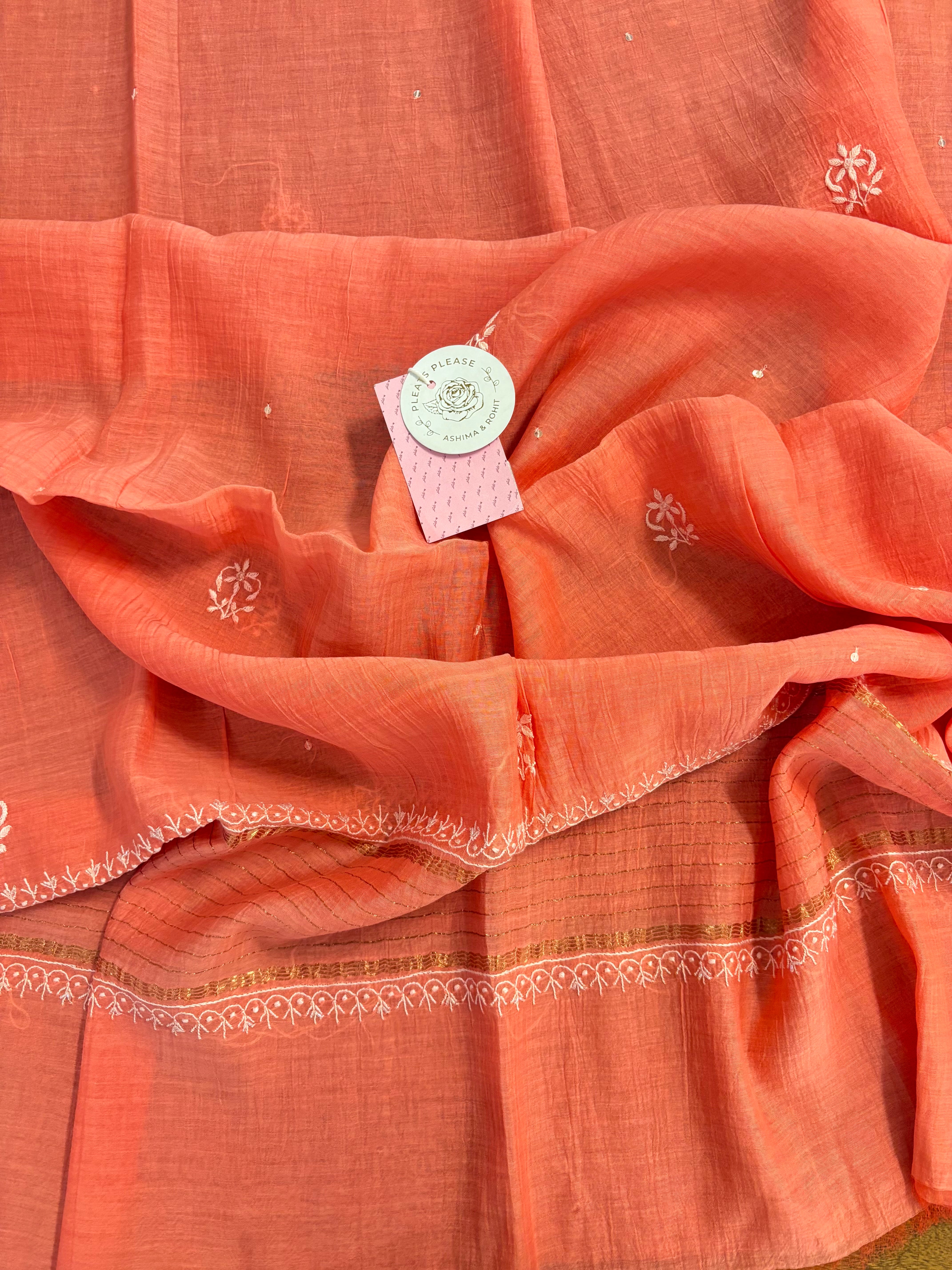 Coral Peach Chanderi Chikankari Kurta & Dupatta