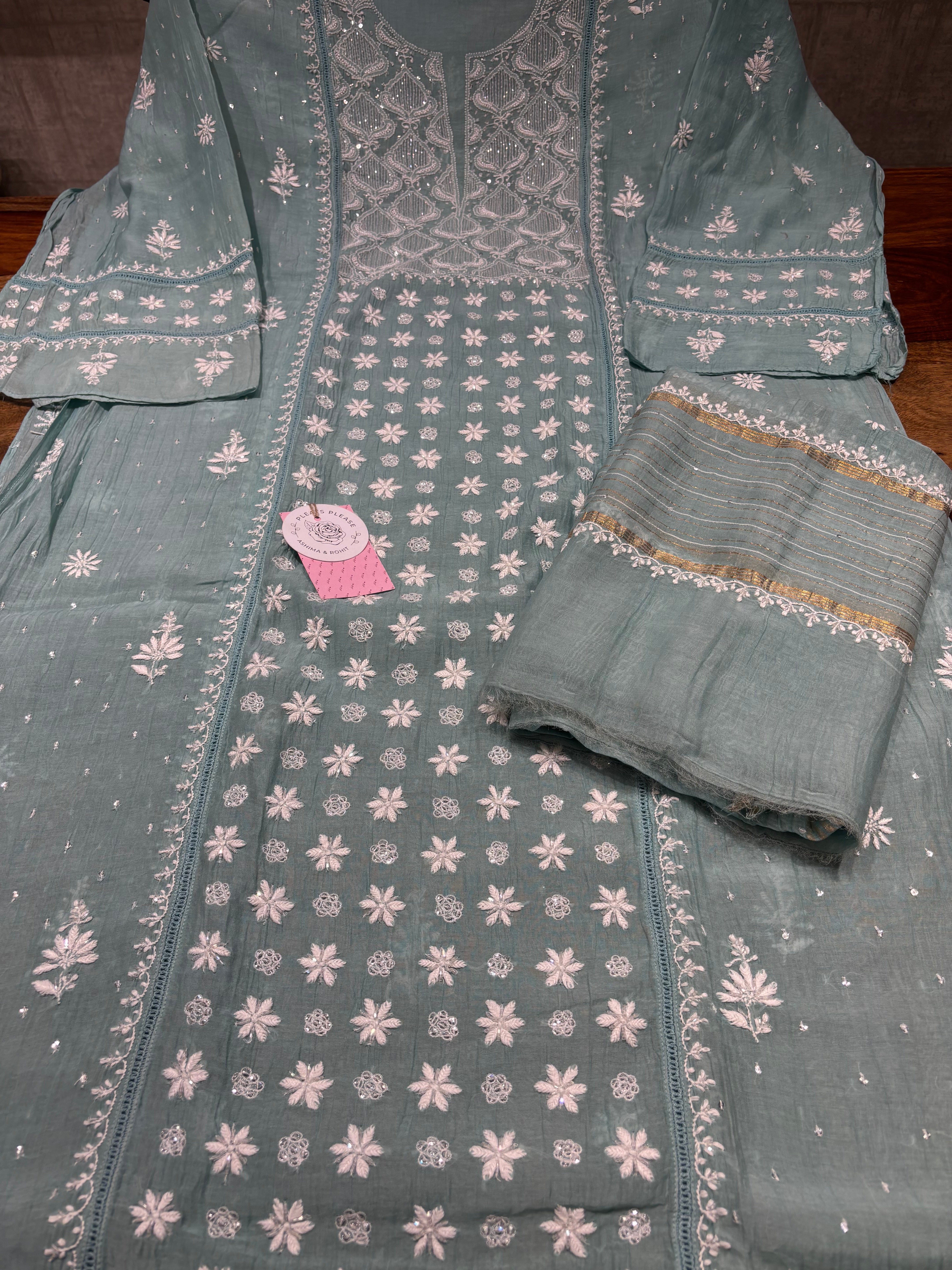 Turquoise Blue Chanderi Mul Chikankari Kurta & Dupatta set