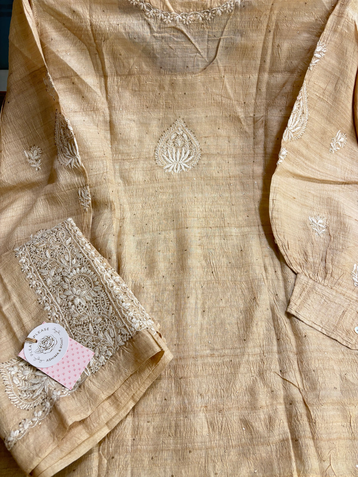 Natural Tussar Silk Chikankari Mukaish Co-Ord Set