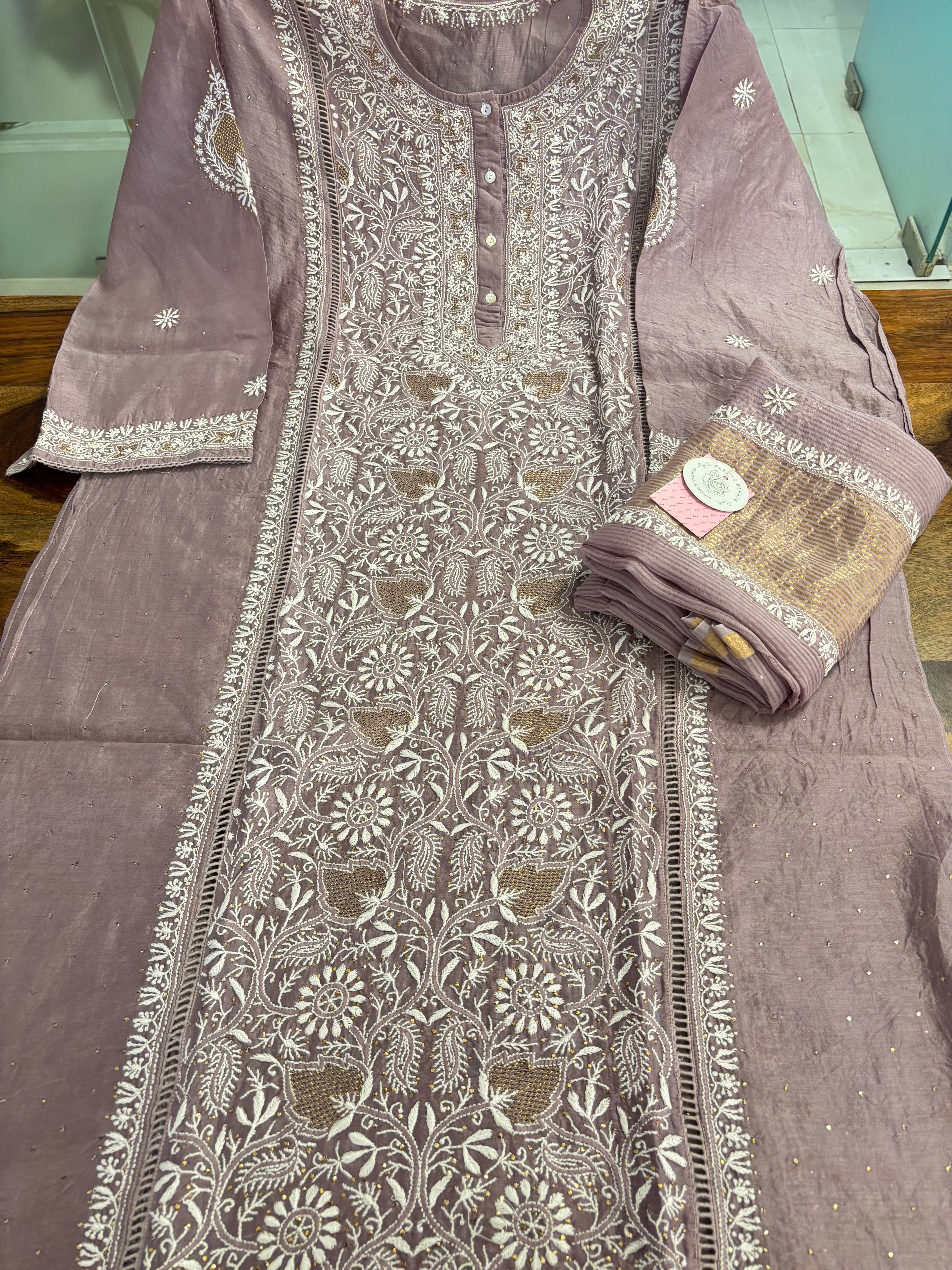 Mauve Chanderi Mukaish Chikankari Kurta & Dupatta - Pleats PleaseChikankari