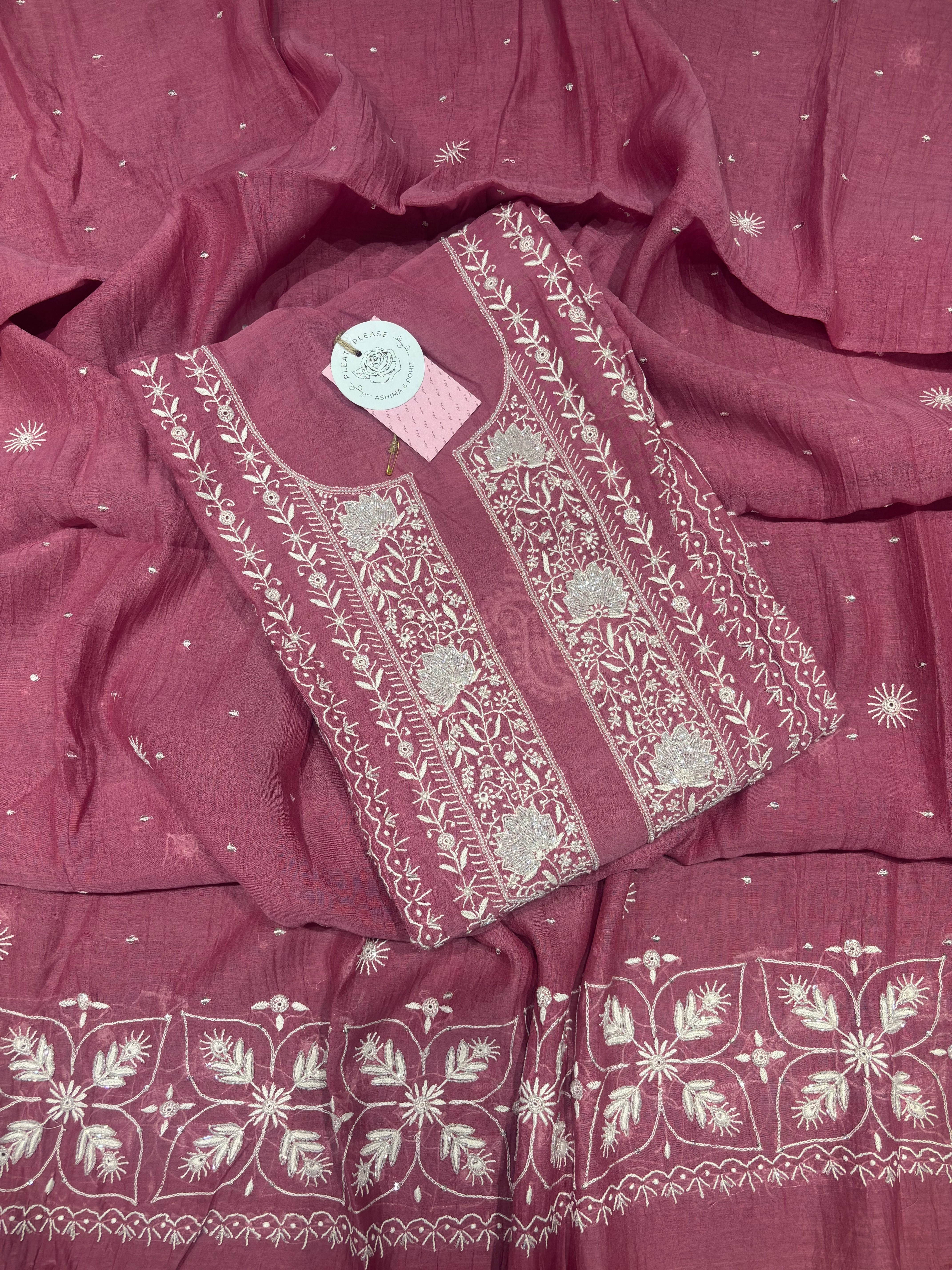 Flamingo Pink Chanderi Mul Chikankari Kurta & Dupatta Set