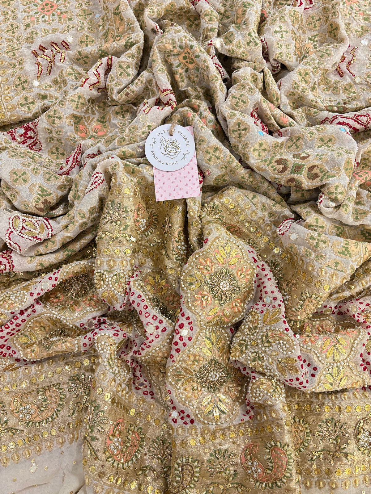 Ivory Bandhej Mirror Zardozi Embellished Dupatta