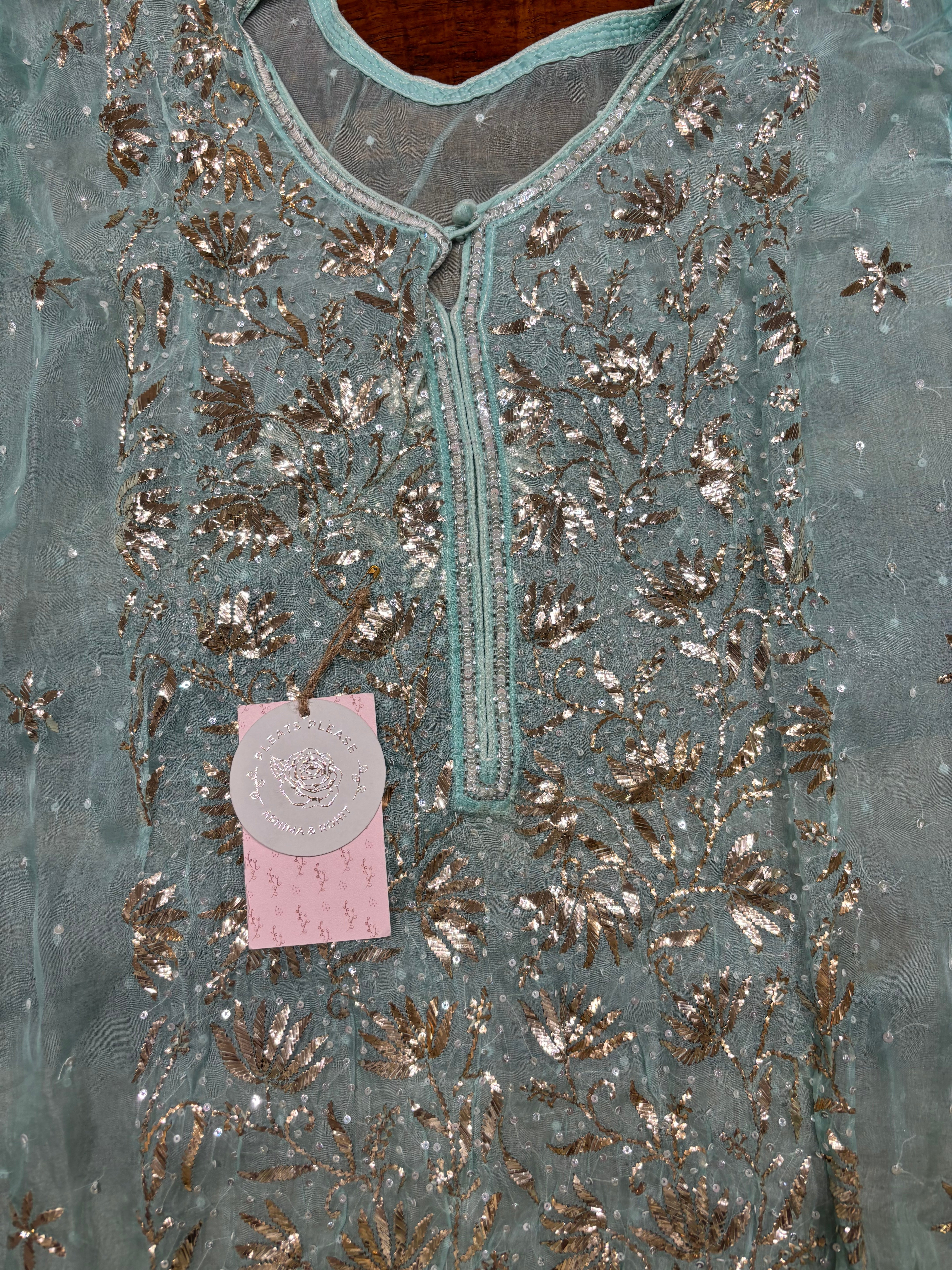 Sea Foam Organza Mukaish Kurta and Dupatta set