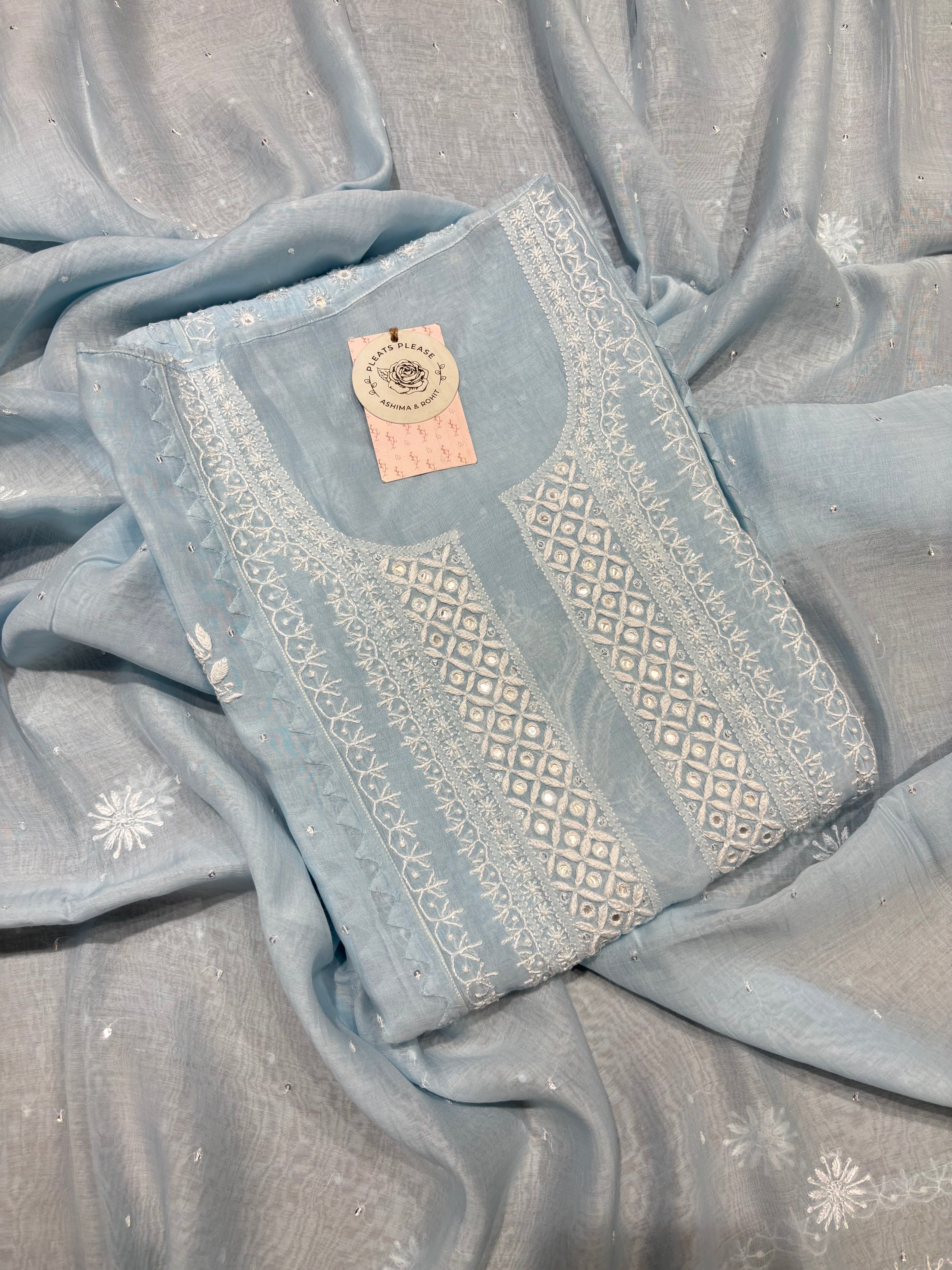 Powder blue chanderi  Mul Chikankari kurta and Dupatta Set