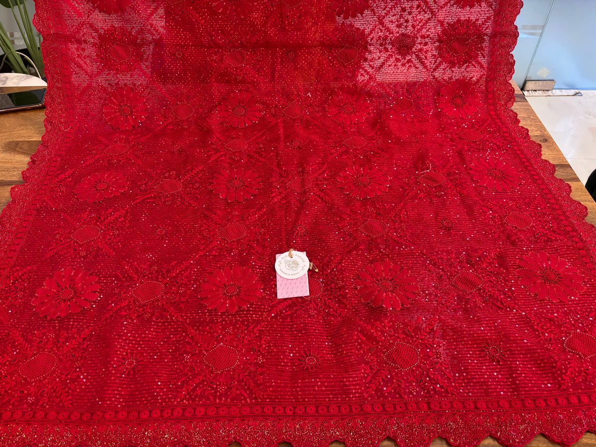 Red Pure & Premium Organza Chikankari Kurta & Dupatta