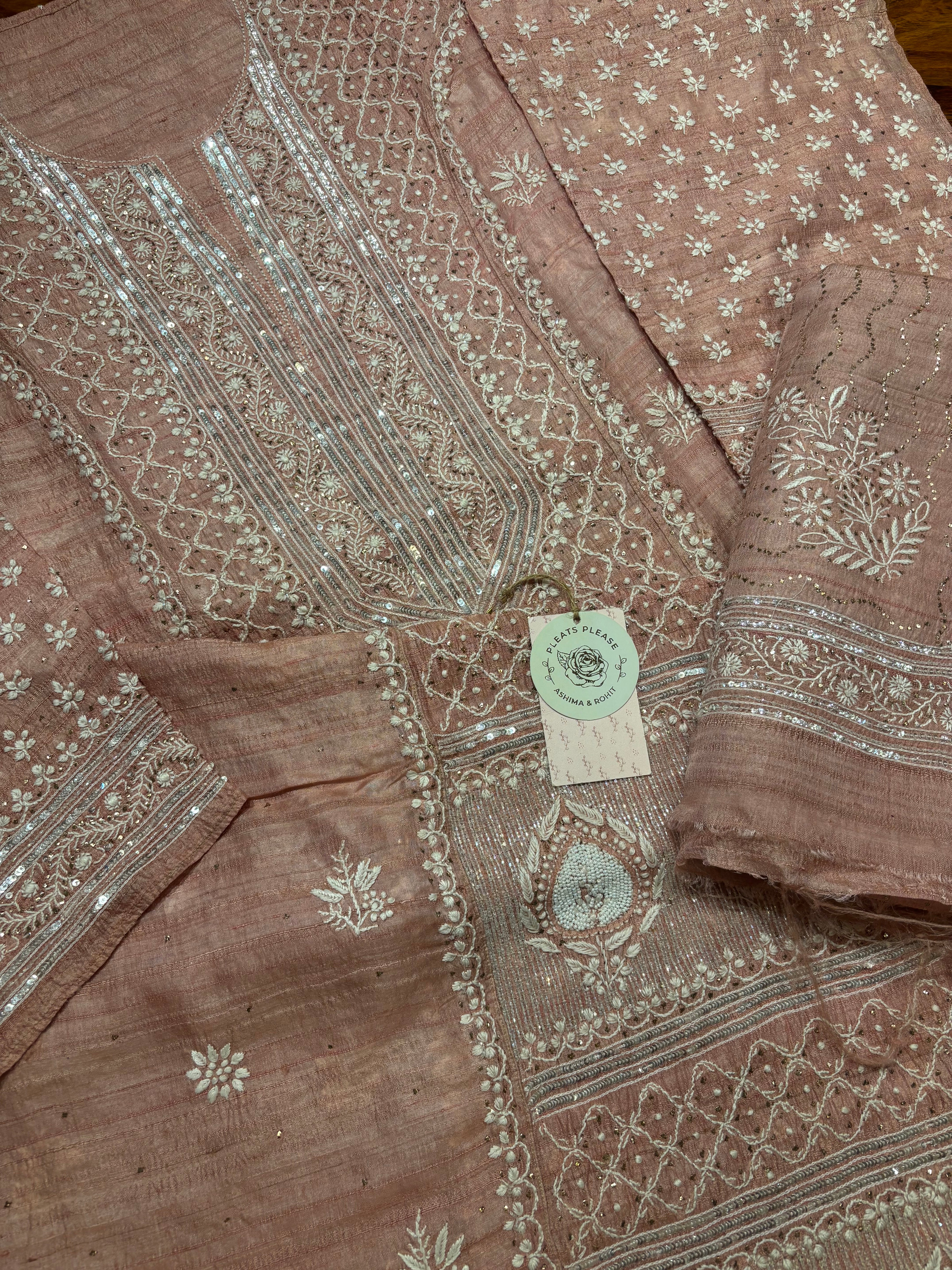 Flamingo Tussar Silk Chikankari And Mukaish Kurta And Dupatta Set