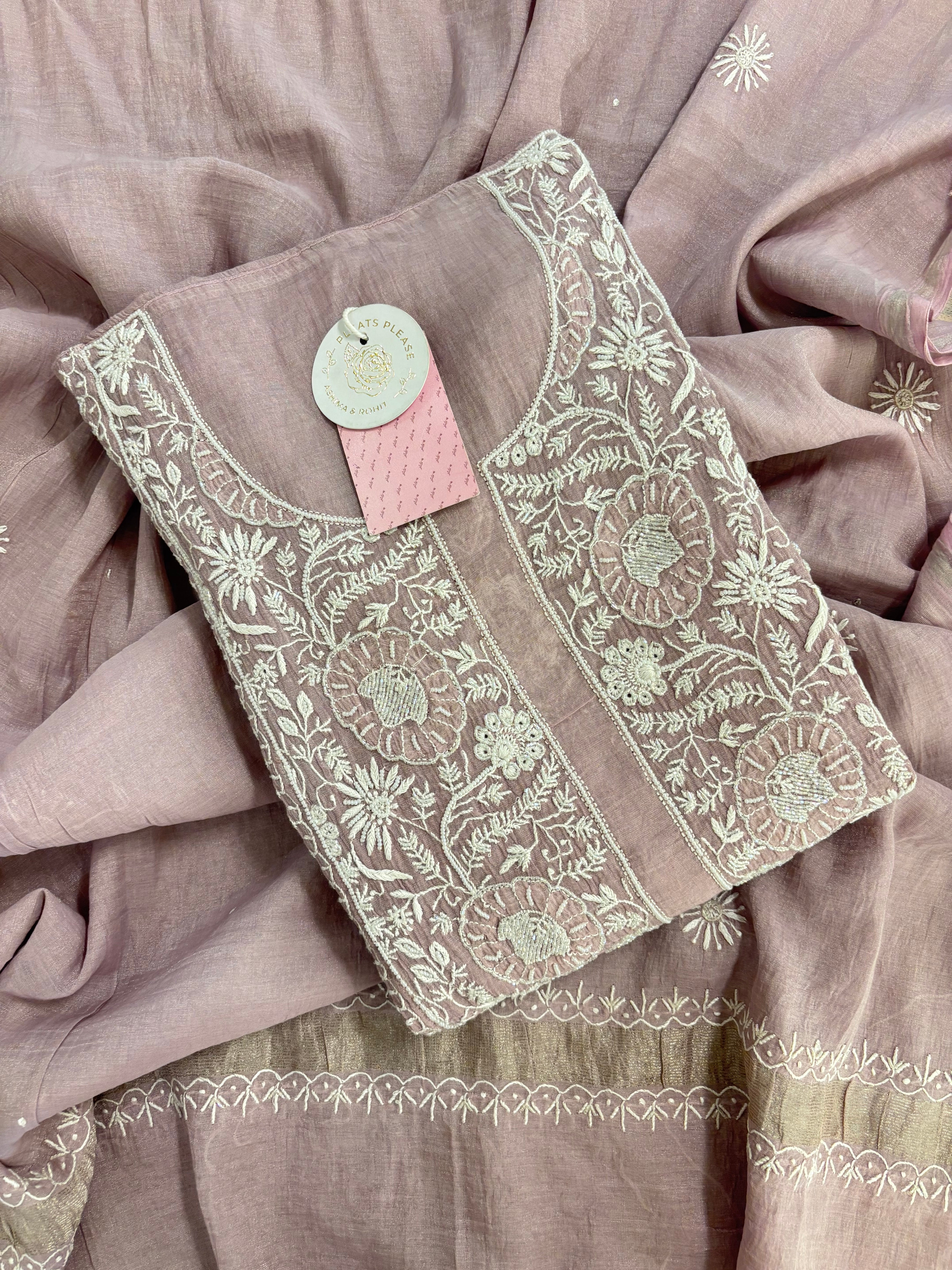Mauve Pink Pure Tissue Chikankari Anarkali & Dupatta Set