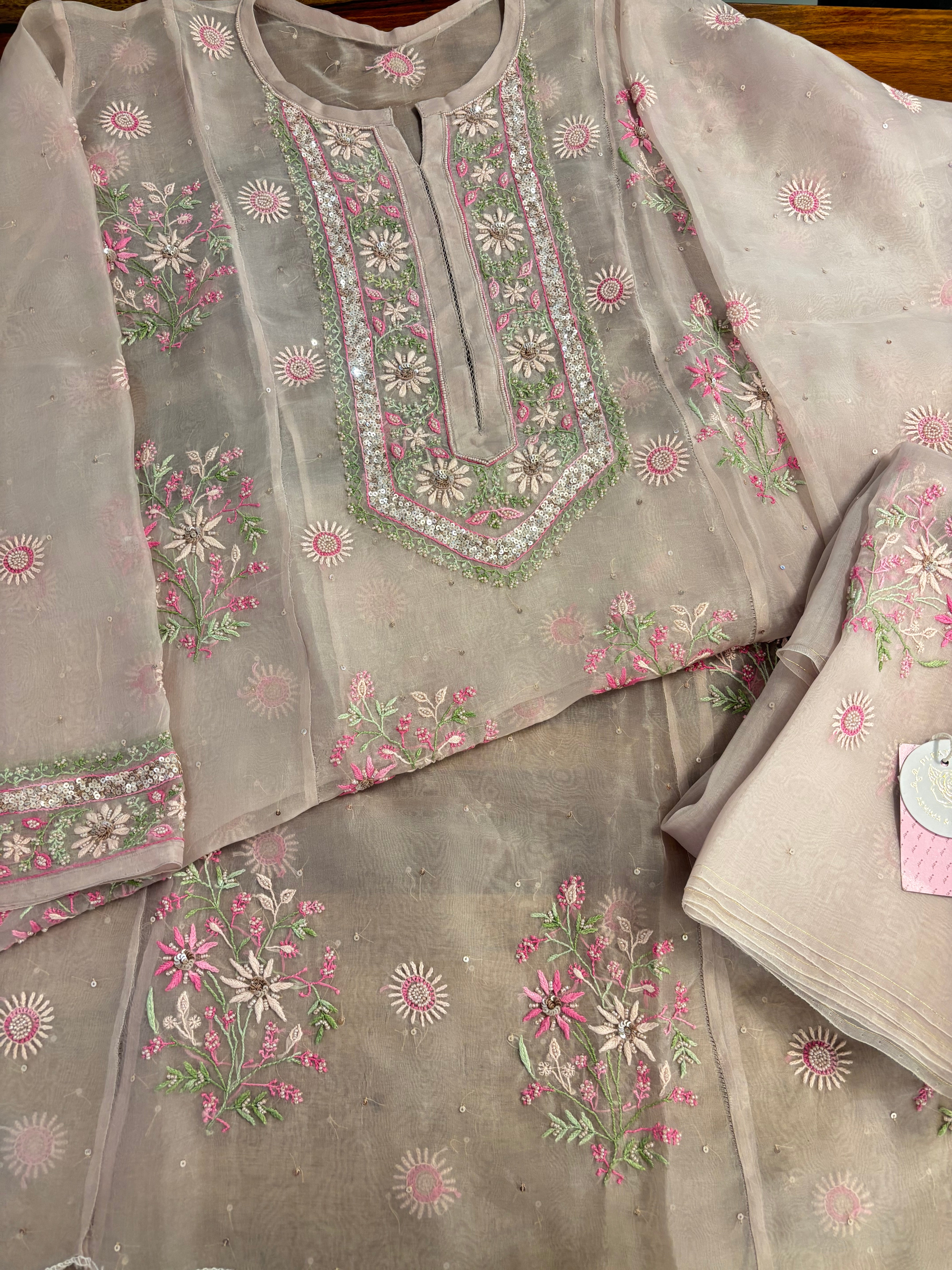 Blush Pink Pure Organza Silk Chikankari Kurta & Dupatta