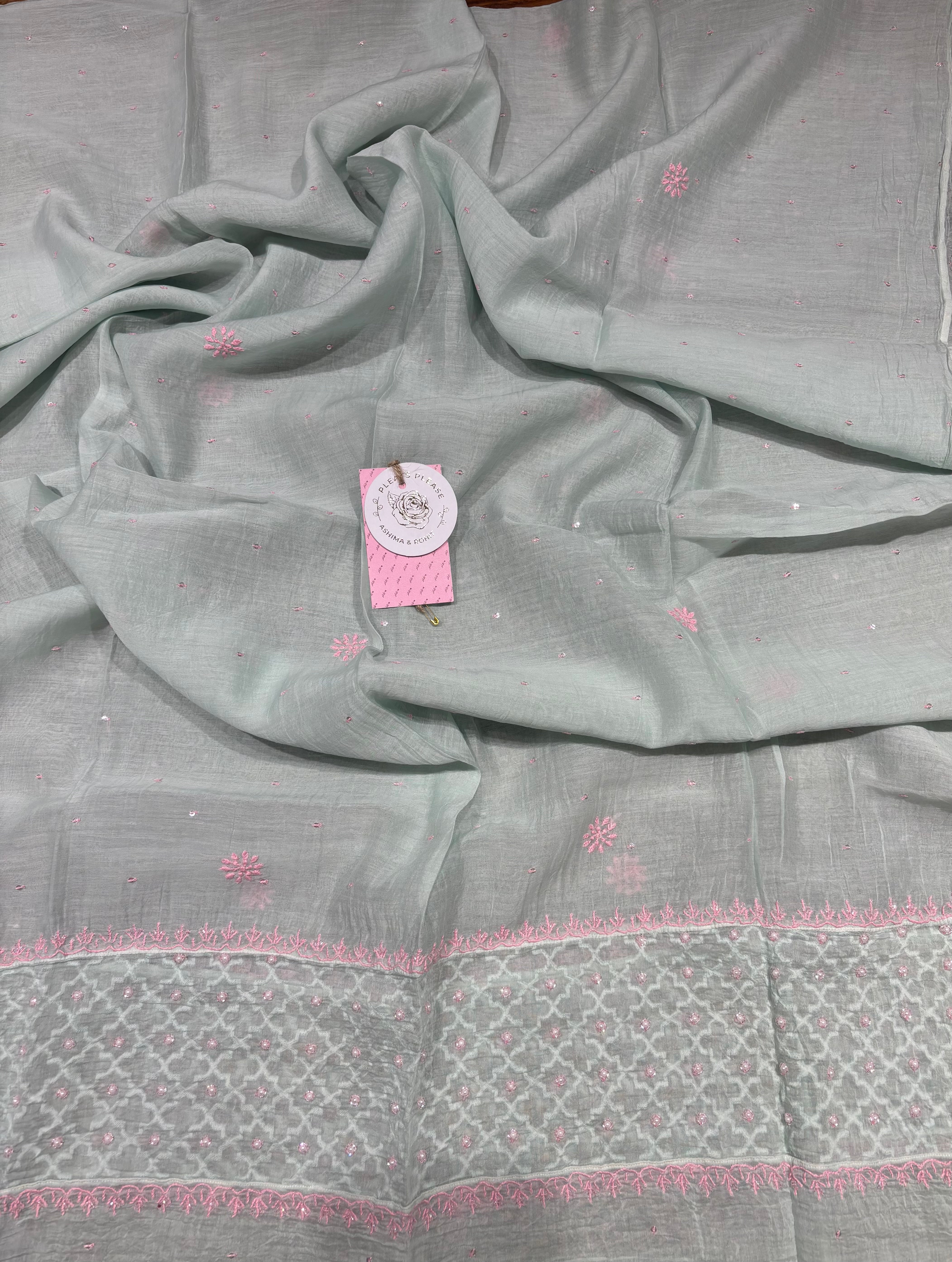 Mint Green Chanderi Mul Chikankari Anarkali & Dupatta Set