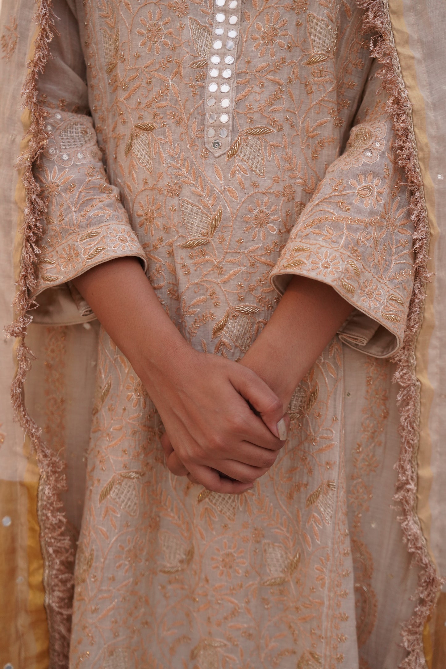 Gold Tissue Chikankari Straight Kurta & Dupatta