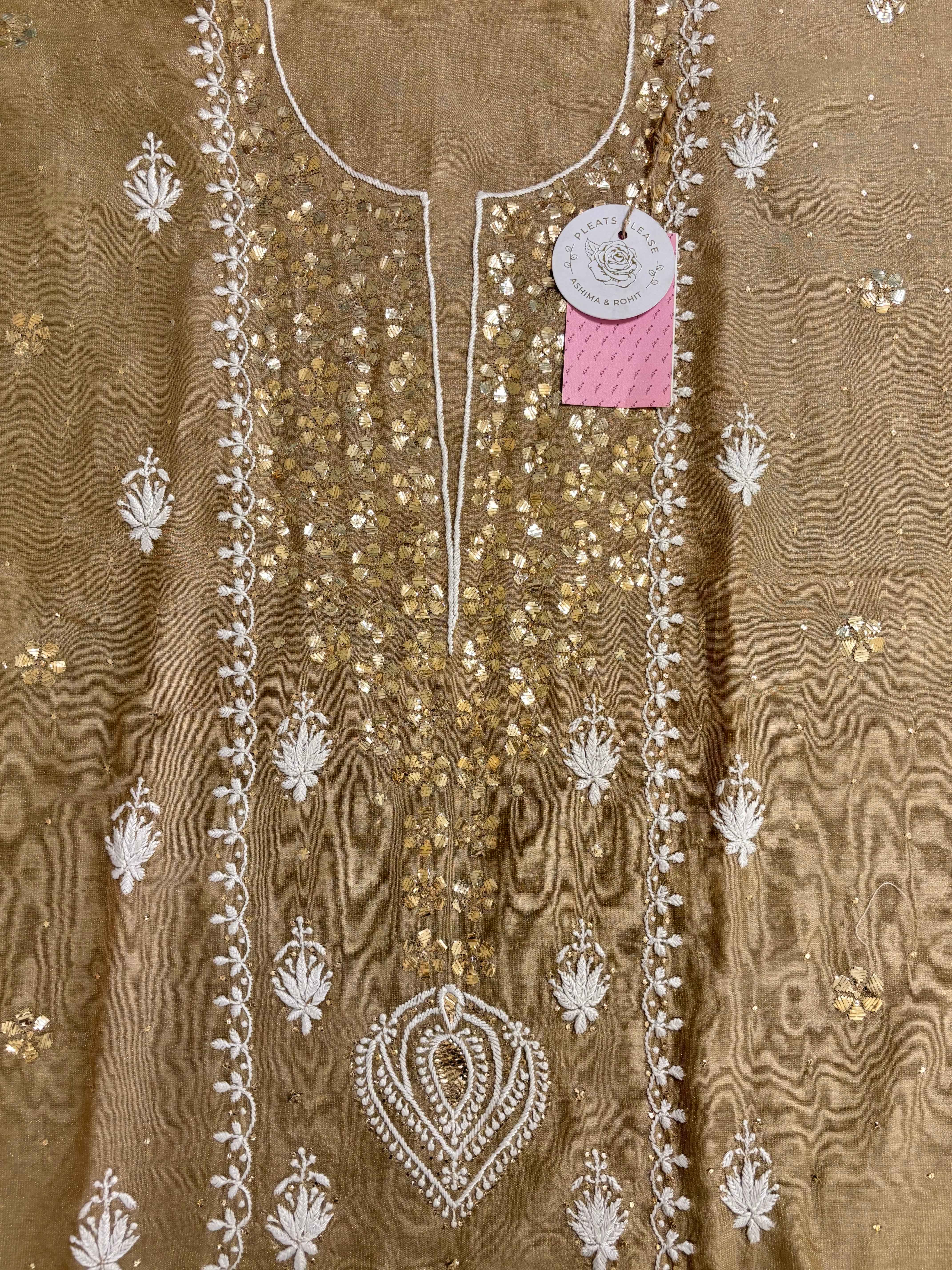 Brown Tissue Chikankari Mukaish Kurta Dupatta Set